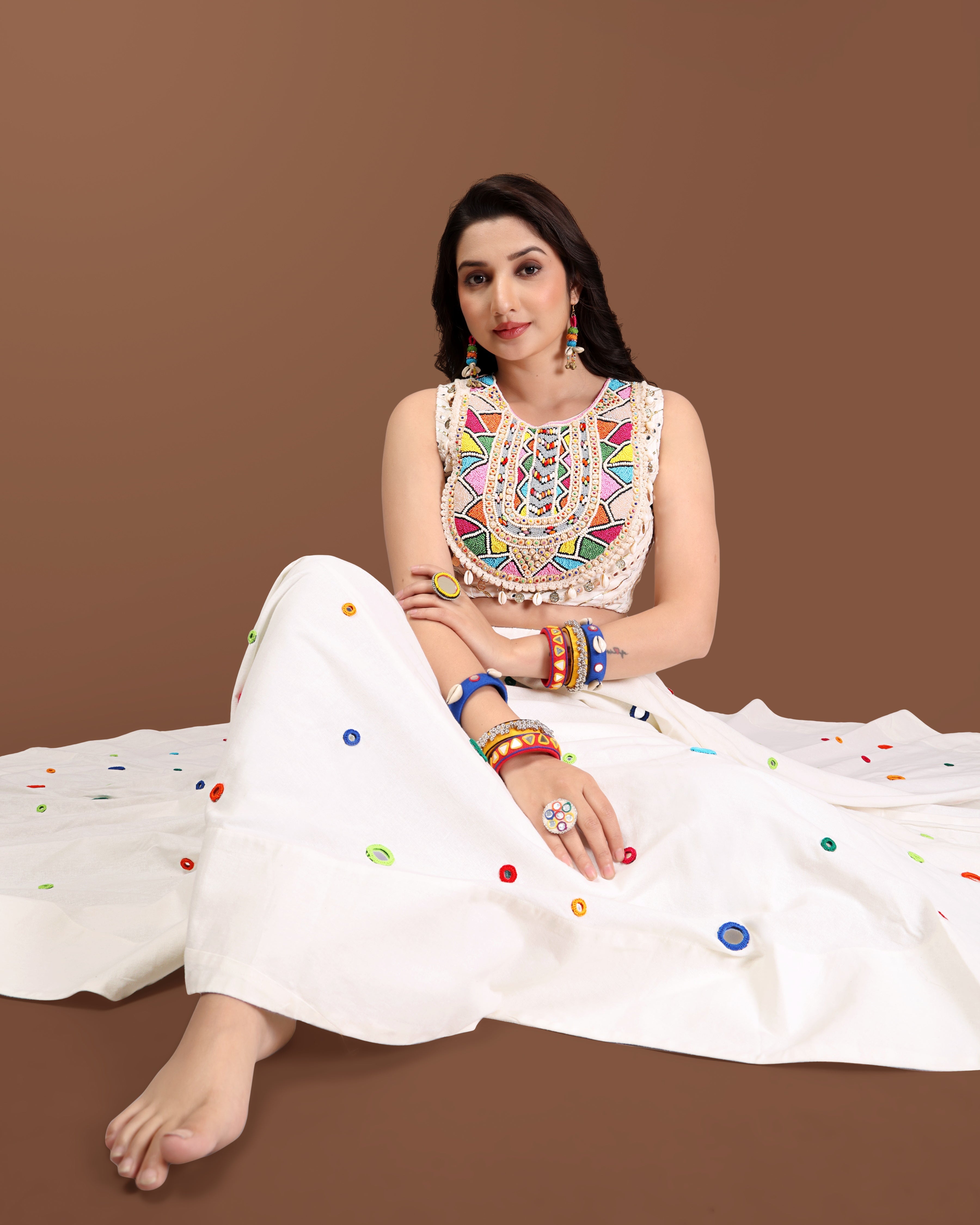 OFF WHITE MULTI MIRROR CHANIYA CHOLI RAAS'25 HANDMADEAHOLIC BY MISHKA