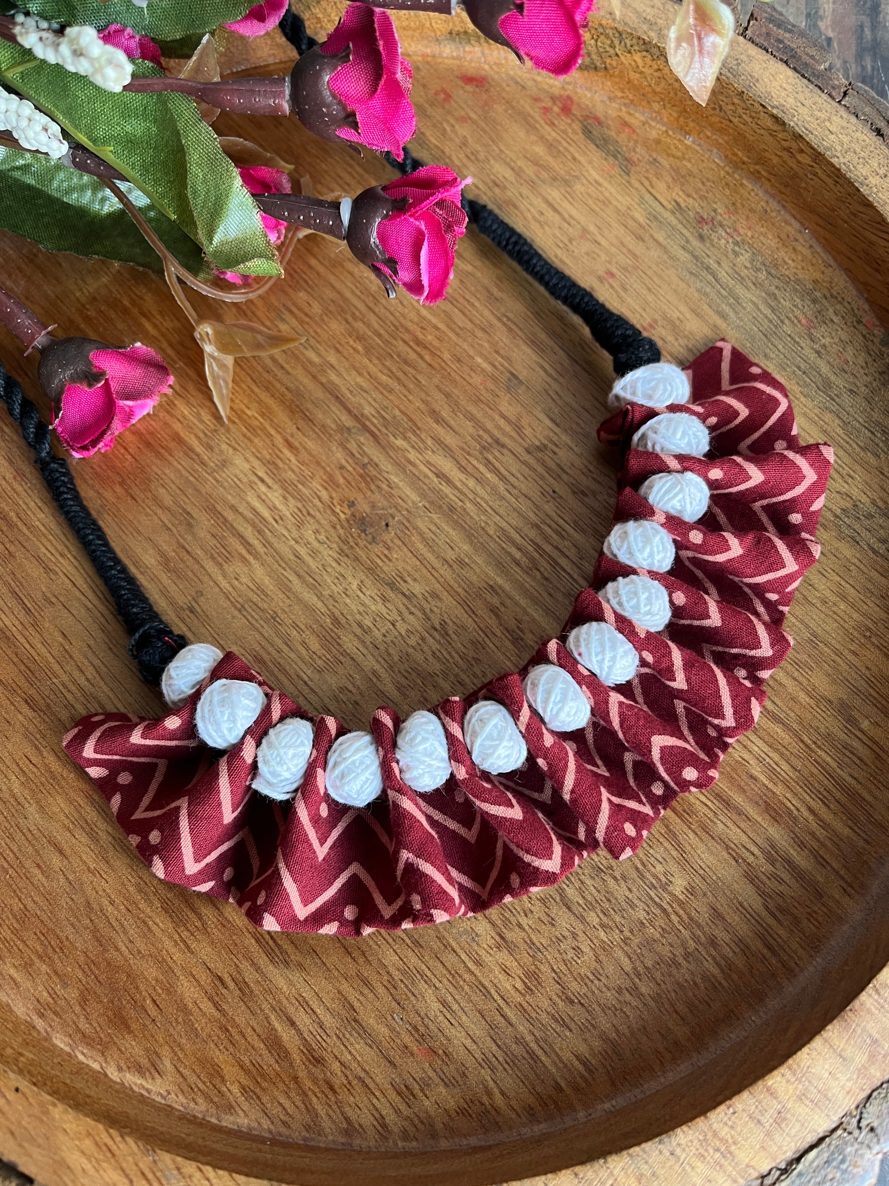 MAROON AJRAKH WHITE BALL BOHO NECKLACE HANDMADEAHOLIC BY MISHKA