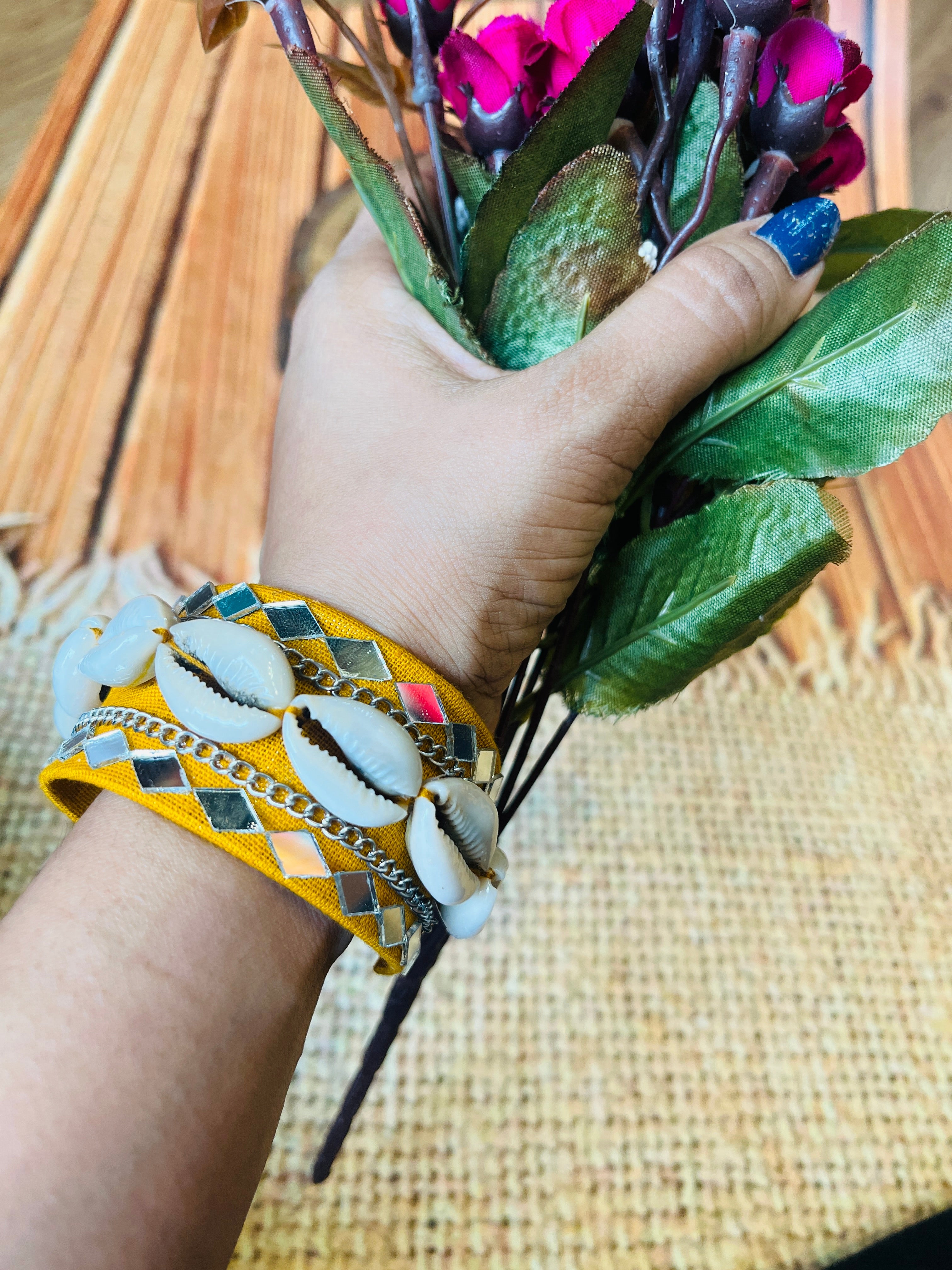 YELLOW MIRROR COWRIE HAND CUFFS HANDMADEAHOLIC BY MISHKA