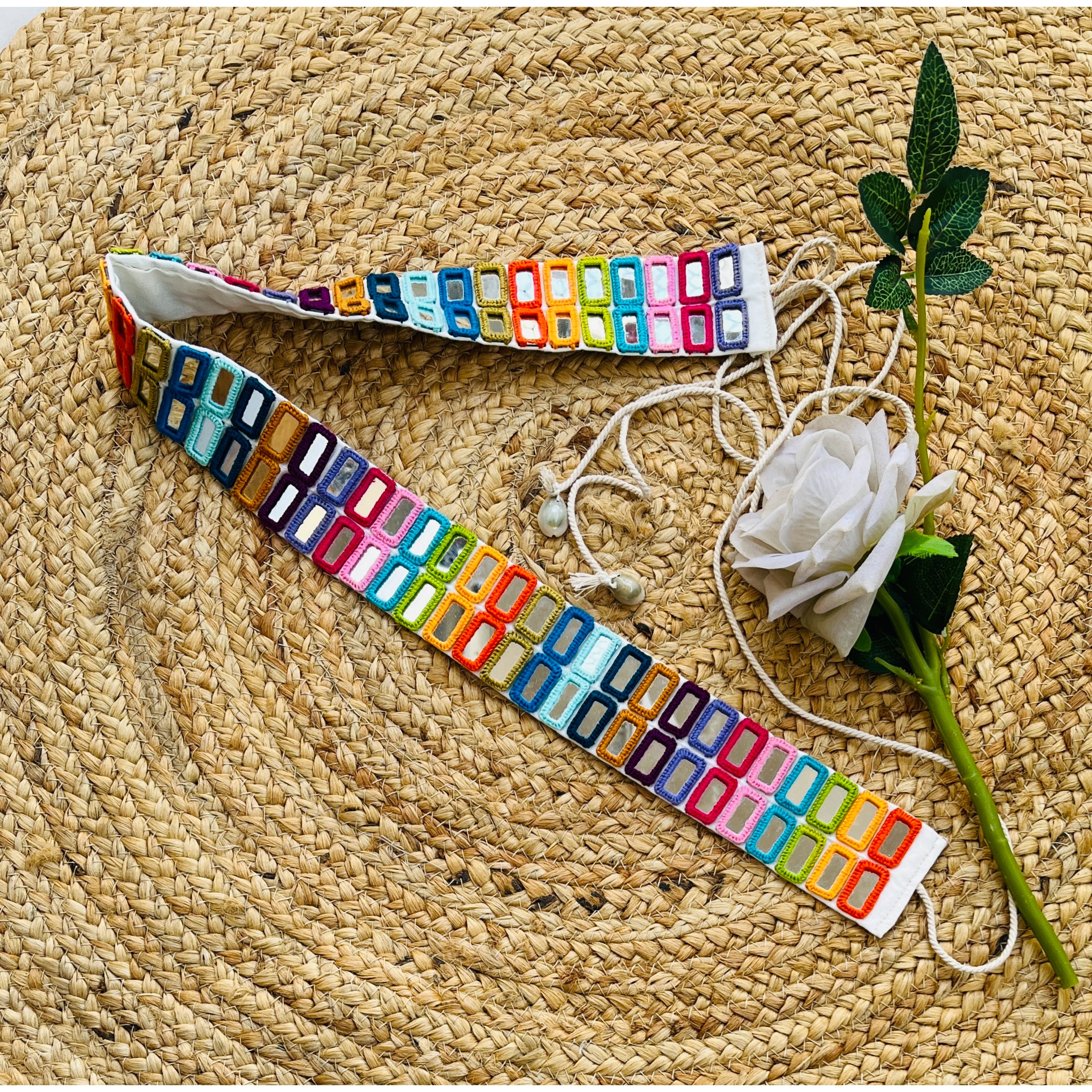 WHITE DOUBLE LAYER MULTI MIRROR BELT HANDMADEAHOLIC BY MISHKA