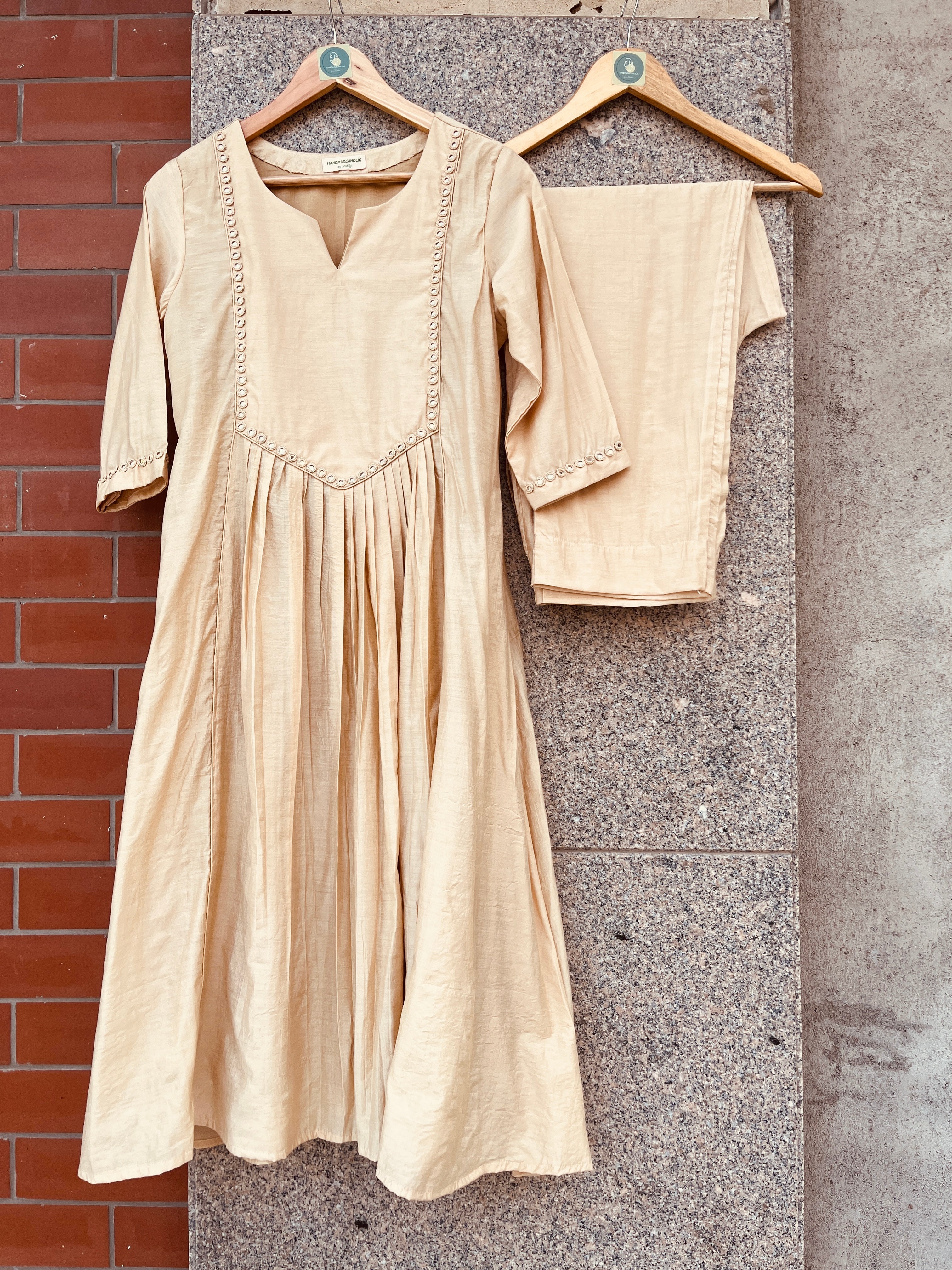 BEIGE COLOR MIRROR WORK CHANDERI SILK DRESS WITH PANT HANDMADEAHOLIC BY MISHKA