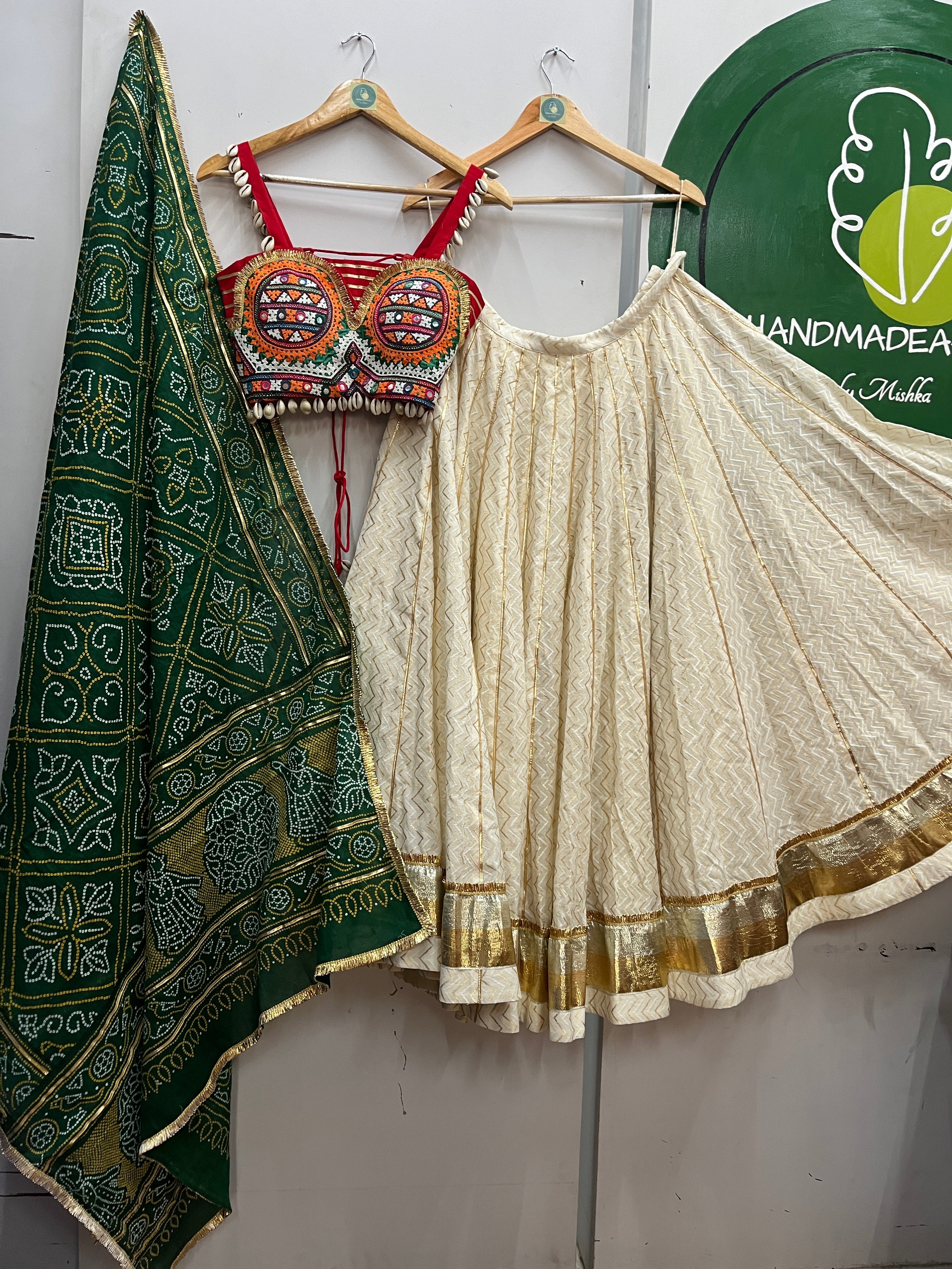 OFF WHITE AND RED, GREEN BANDHANI CHANIYA CHOLI HANDMADEAHOLIC BY MISHKA