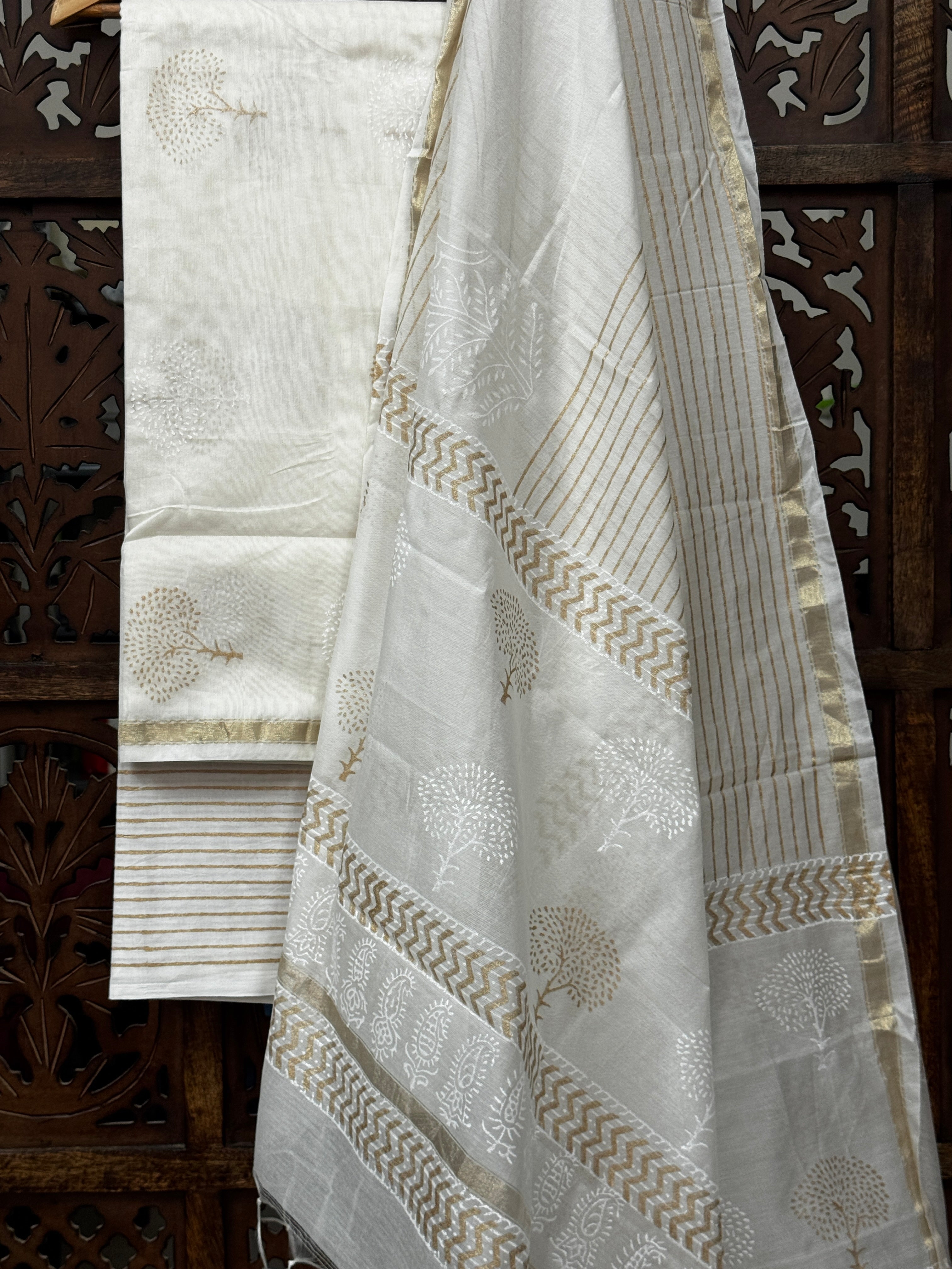 Ethereal Ivory Chanderi Silk Handblock Suit Set HANDMADEAHOLIC BY MISHKA