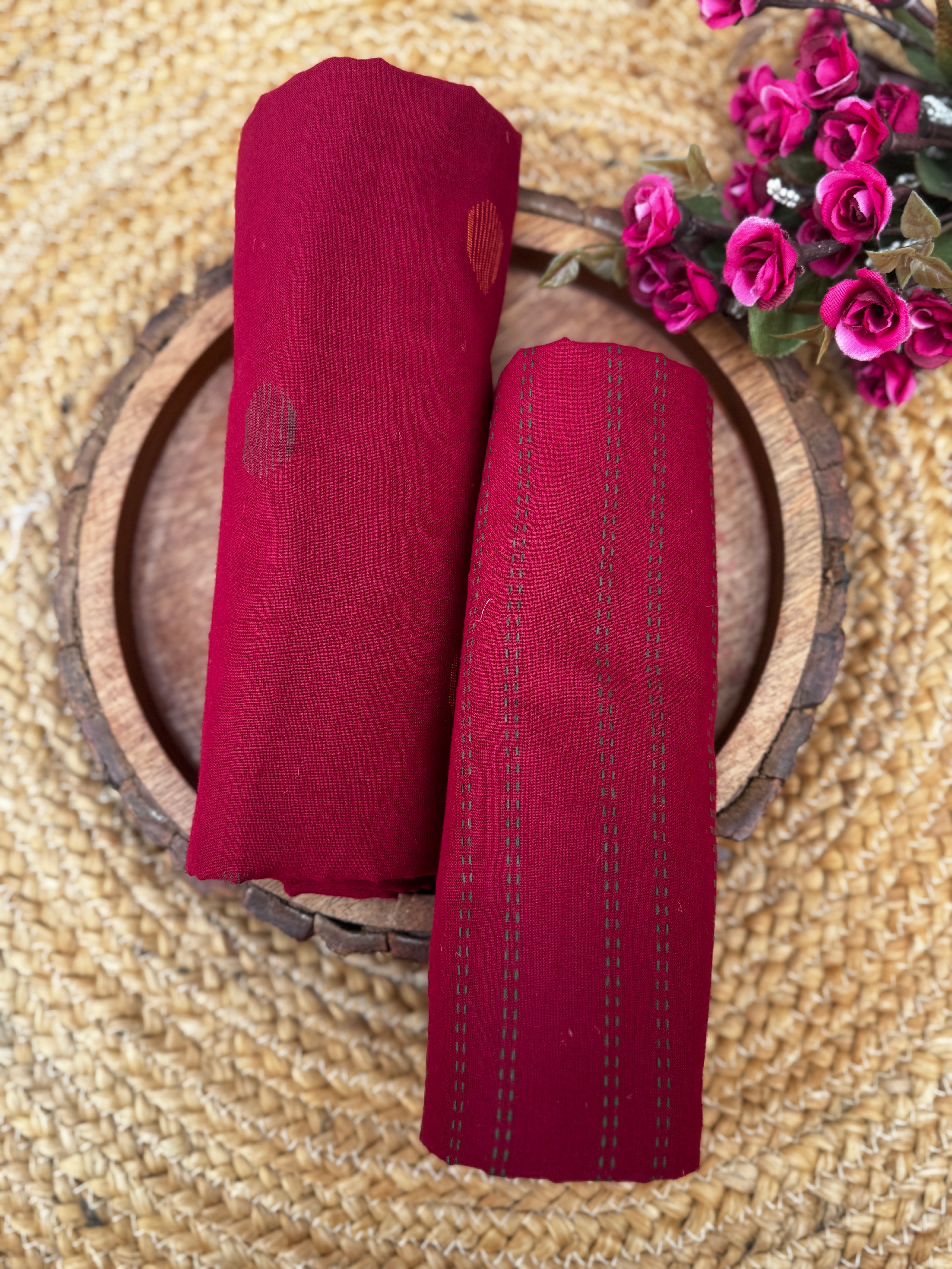 Crimson Heritage Handloom Cotton t Unstitched Fabric with Circular Buttis and Kantha-Style Stripes HANDMADEAHOLIC BY MISHKA