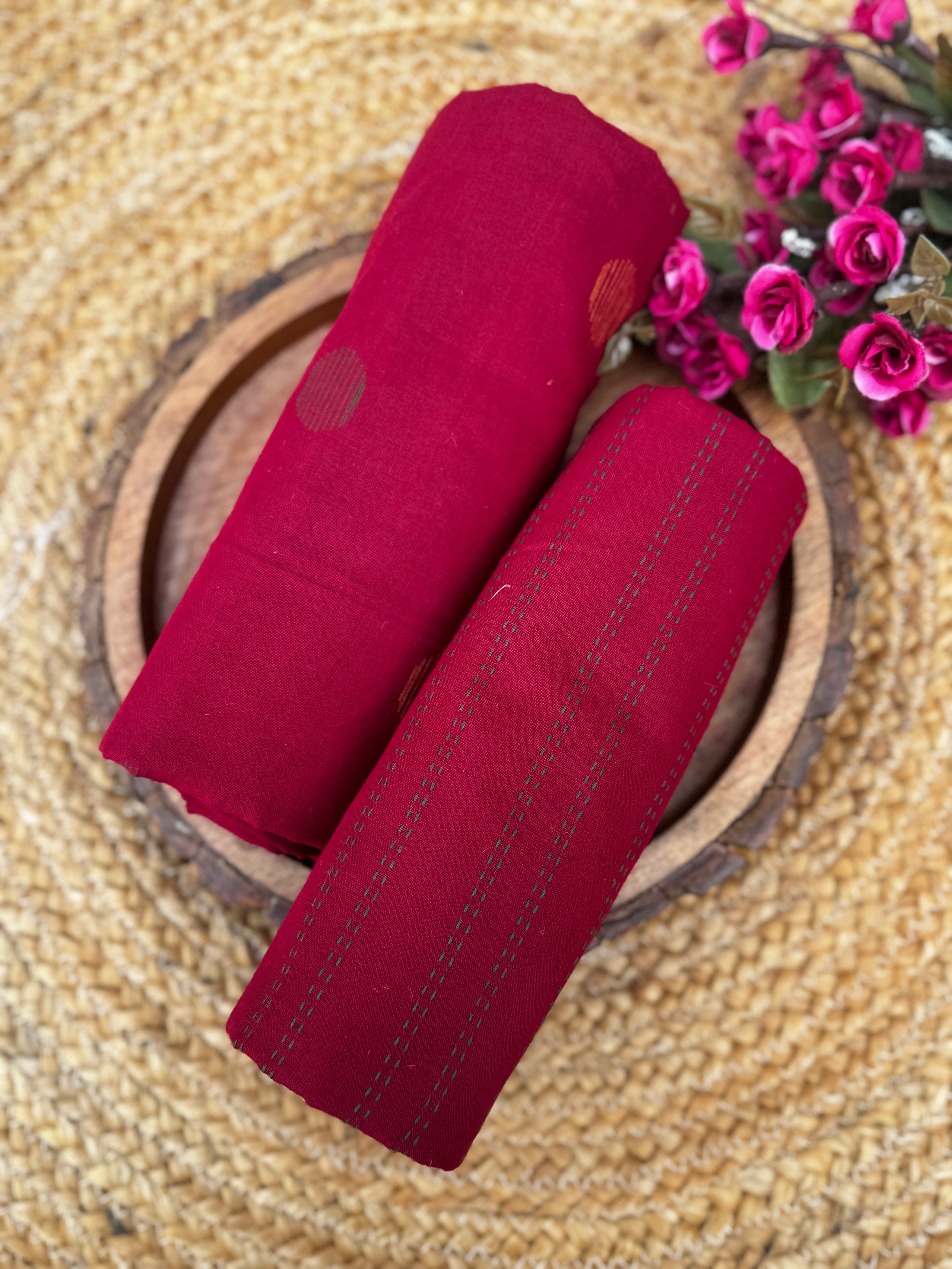 Crimson Heritage Handloom Cotton t Unstitched Fabric with Circular Buttis and Kantha-Style Stripes HANDMADEAHOLIC BY MISHKA