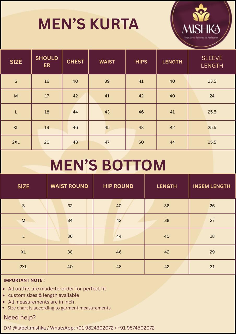 Mohan Men's Kurta Raas'26 Size Chart