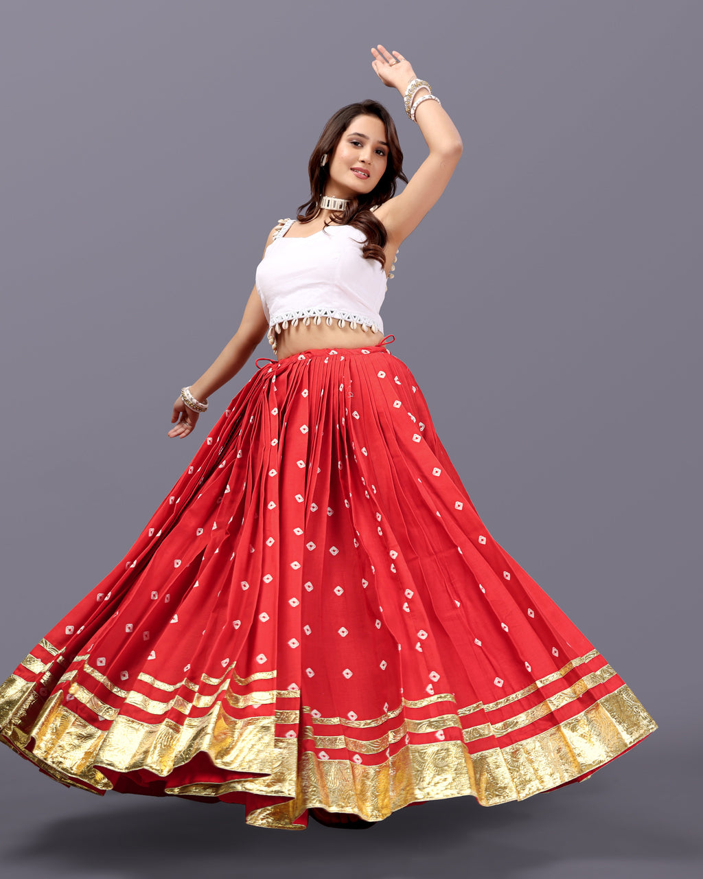 ORANGE BANDHANI SKIRT WITH WHITE BLOUSE CHANIYA CHOLI RAAS'25 HANDMADEAHOLIC BY MISHKA