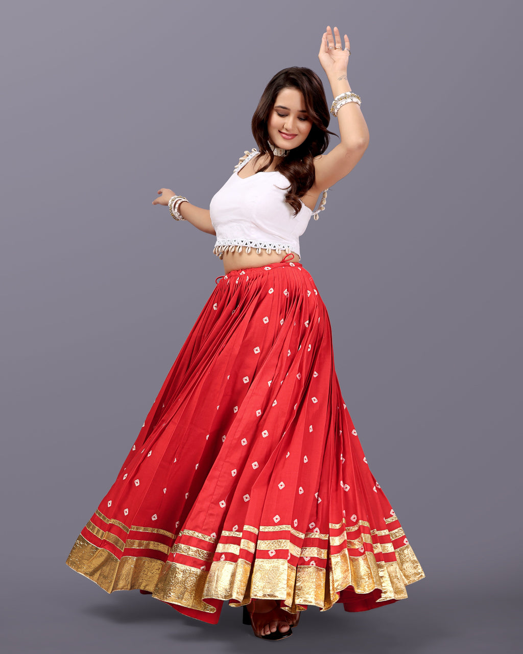 ORANGE BANDHANI SKIRT WITH WHITE BLOUSE CHANIYA CHOLI RAAS'25 HANDMADEAHOLIC BY MISHKA