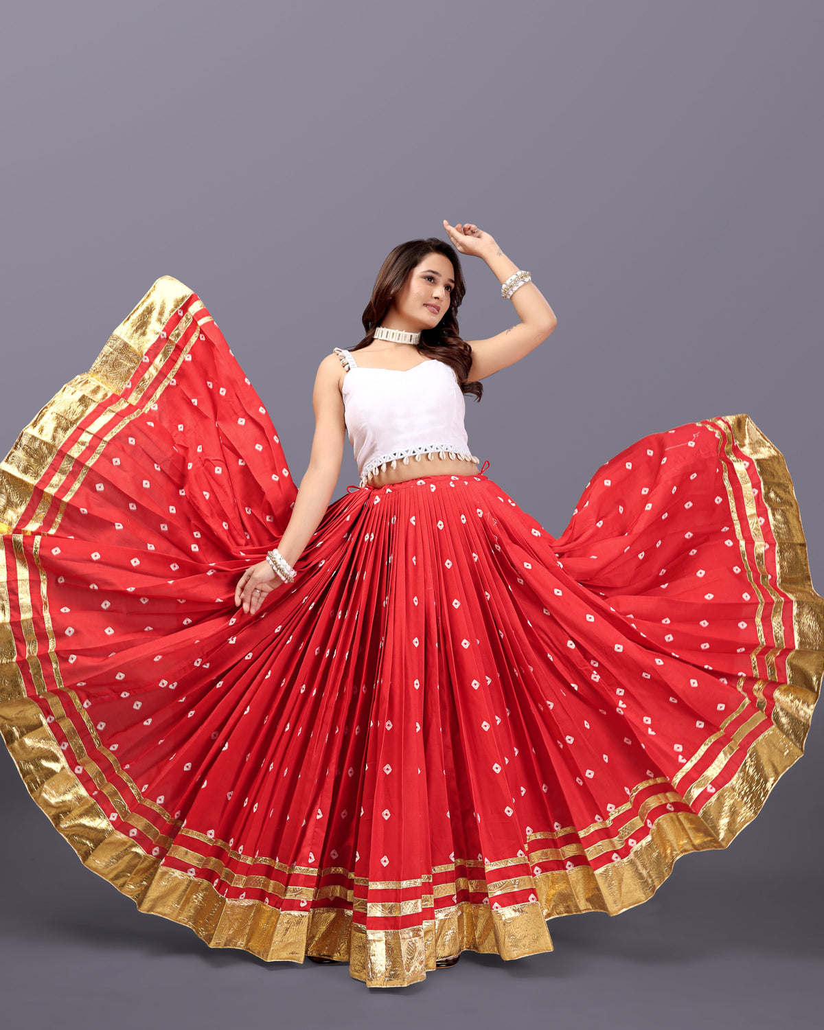 ORANGE BANDHANI SKIRT WITH WHITE BLOUSE CHANIYA CHOLI RAAS'25 HANDMADEAHOLIC BY MISHKA