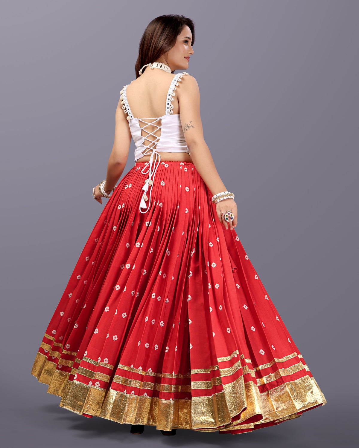 ORANGE BANDHANI SKIRT WITH WHITE BLOUSE CHANIYA CHOLI RAAS'25 HANDMADEAHOLIC BY MISHKA