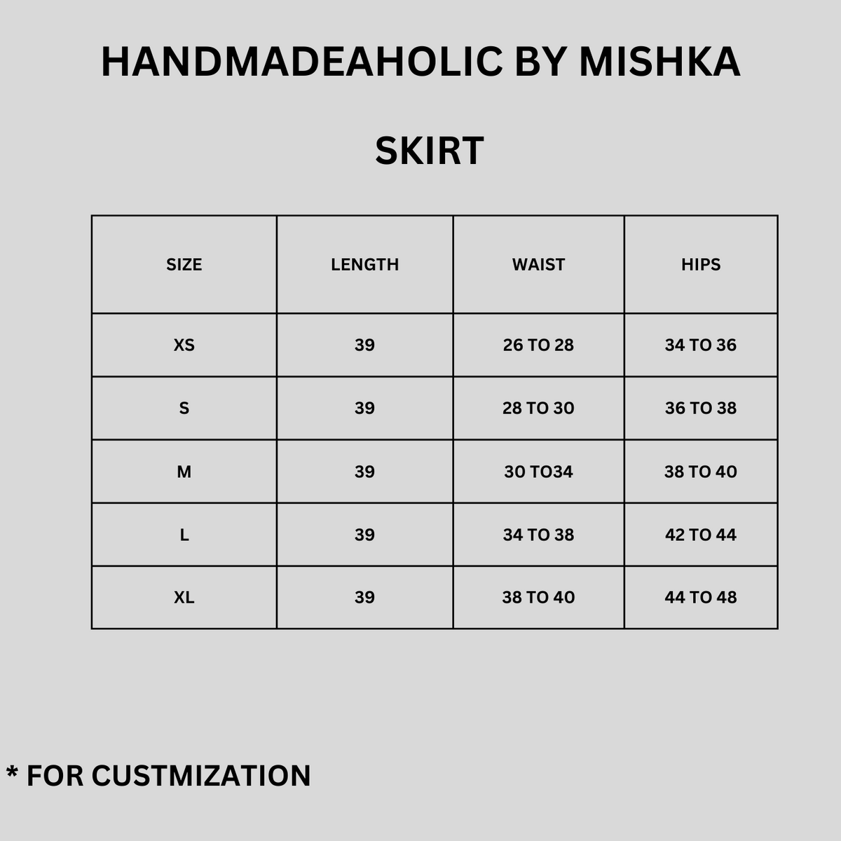 OFF WHITE UMBRELLA MULTI MIRROR WORK SKIRT Size Chart