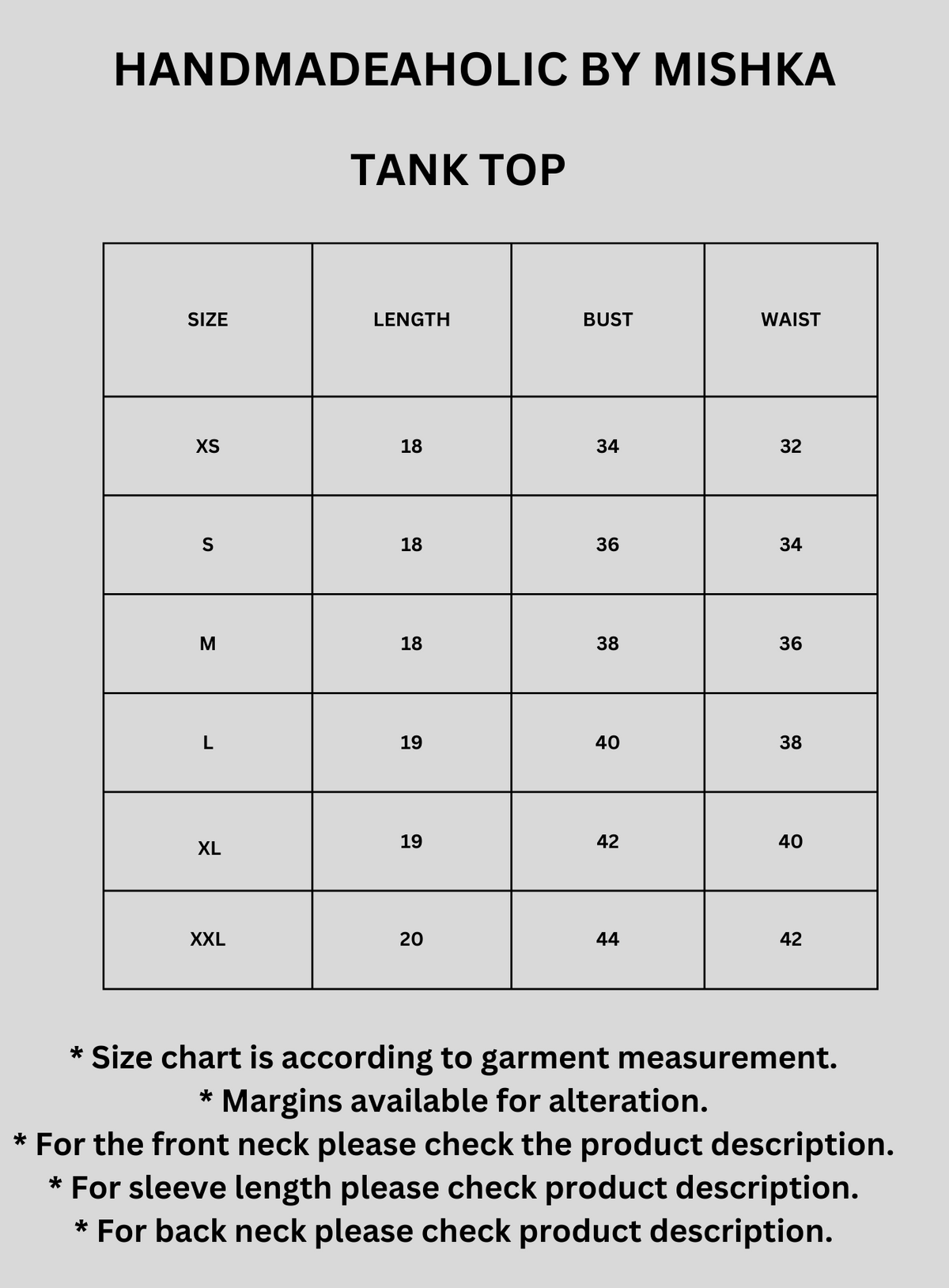 PINK FLOWER TANK TOP Size Chart