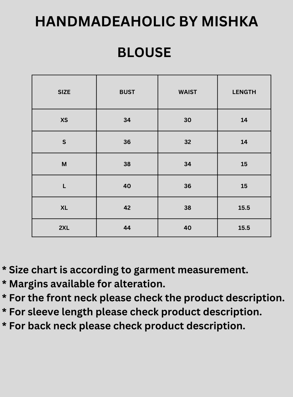 MULTI BEADS BLOUSE Size Chart