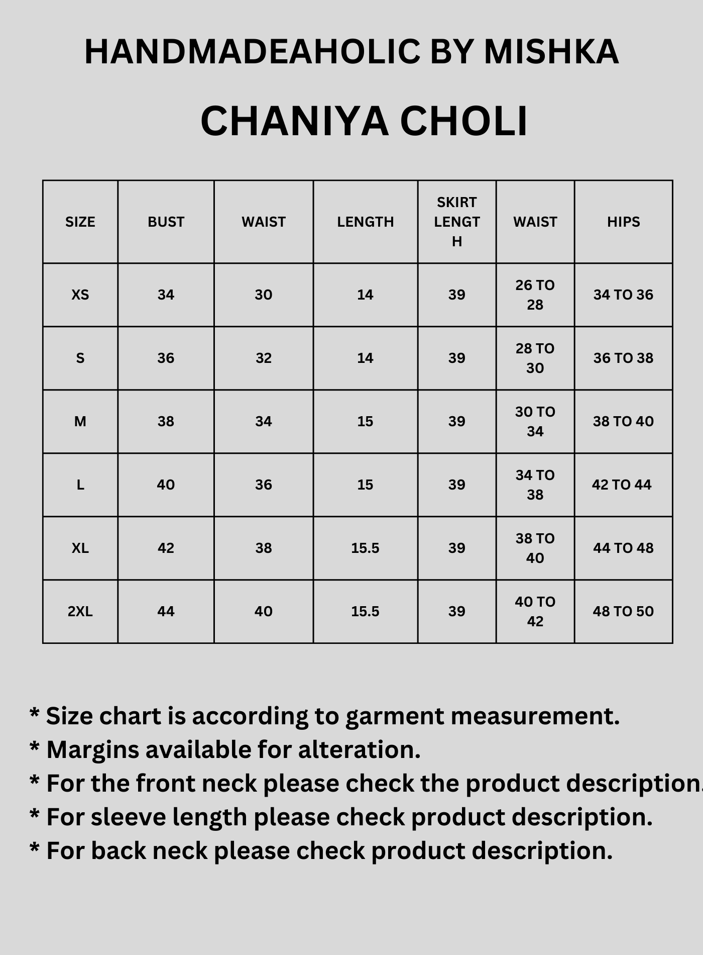 RED BLOUSE WITH LAHERIYA SKIRT Size Chart