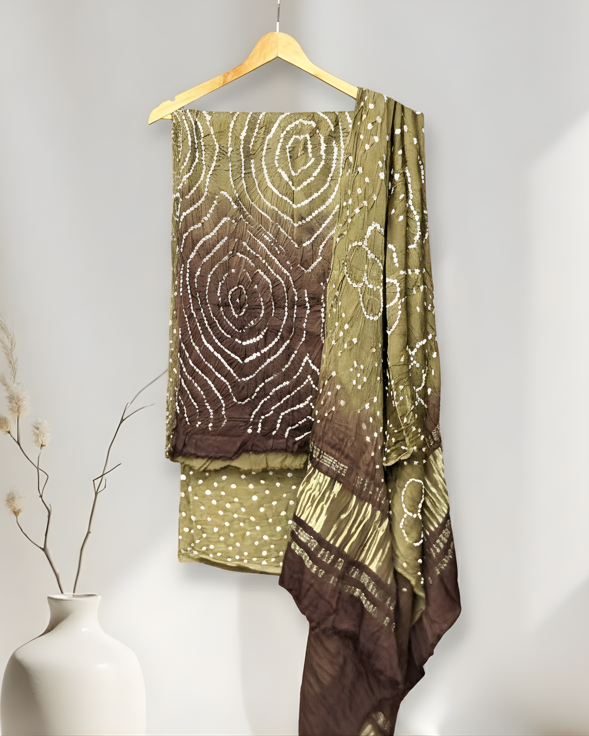 BROWN & MEHNDI MODAL SILK KURTA WITH BANDHANI HANDCRAFTED MODAL SILK DUPATTA WITH BOTTOM HANDMADEAHOLIC BY MISHKA