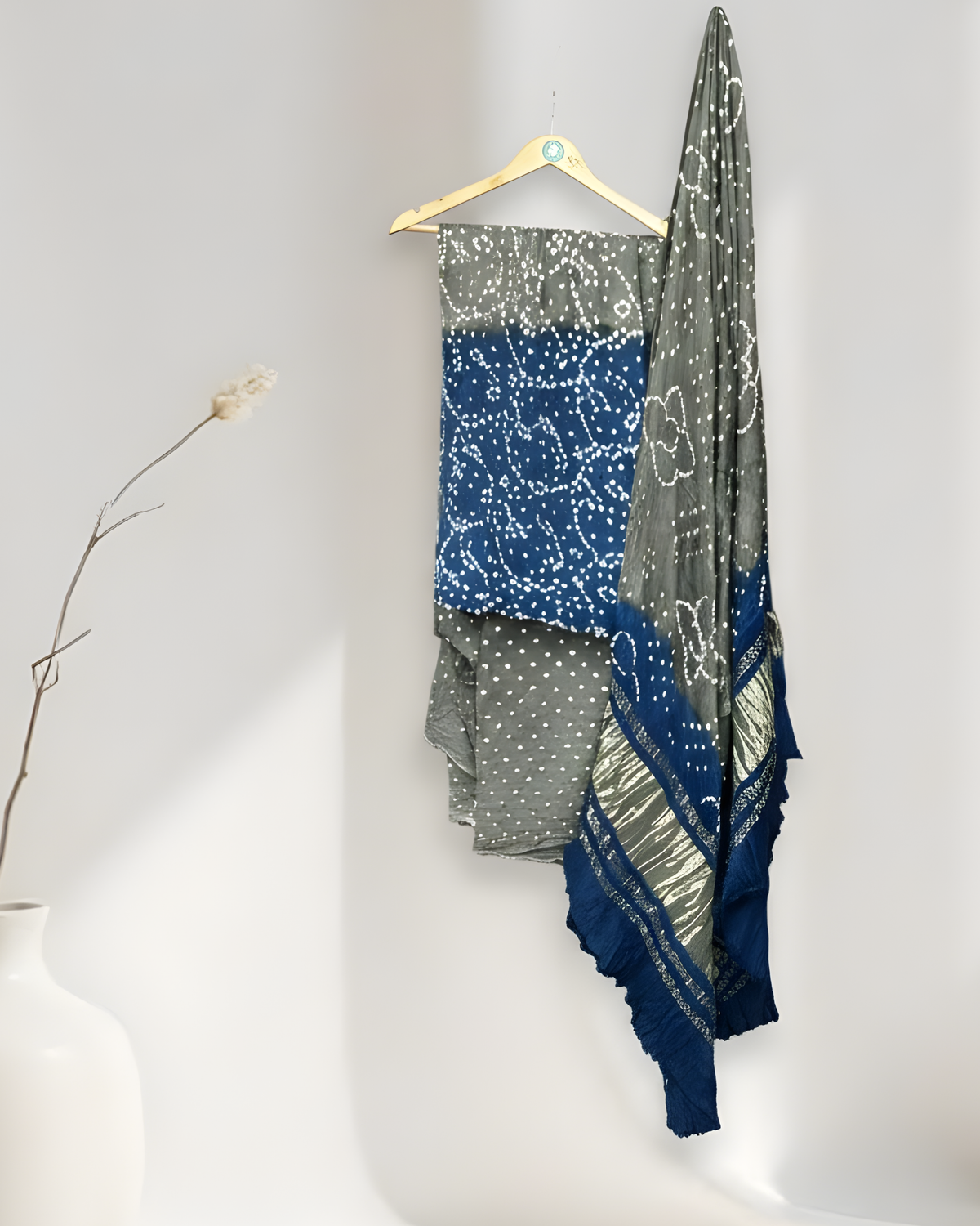 ROYAL BLUE & GREY MODAL SILK KURTA WITH BANDHANI HANDCRAFTED MODAL SILK DUPATTA WITH BOTTOM HANDMADEAHOLIC BY MISHKA