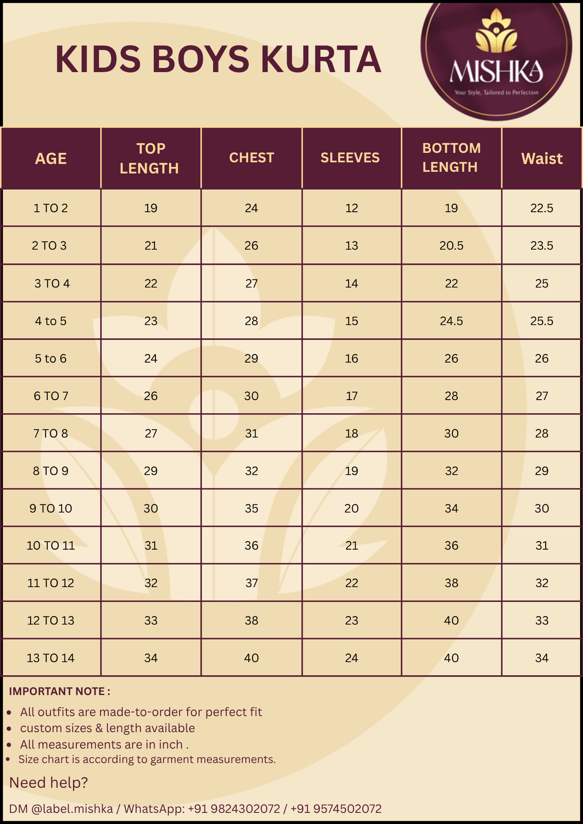 SHAMBHU BOYS KURTA RAAS'26 Size Chart