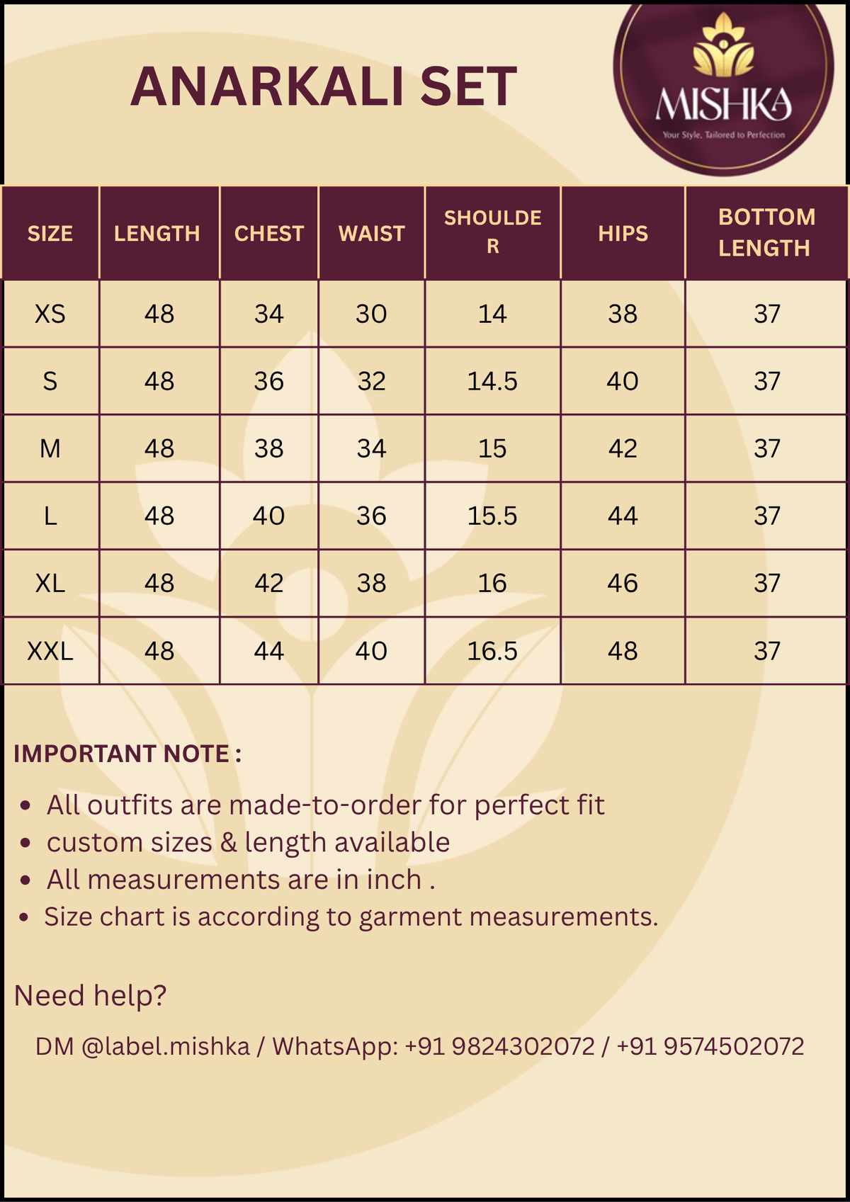 BABY PINK ANARKALI KURTA WITH PANT Size Chart