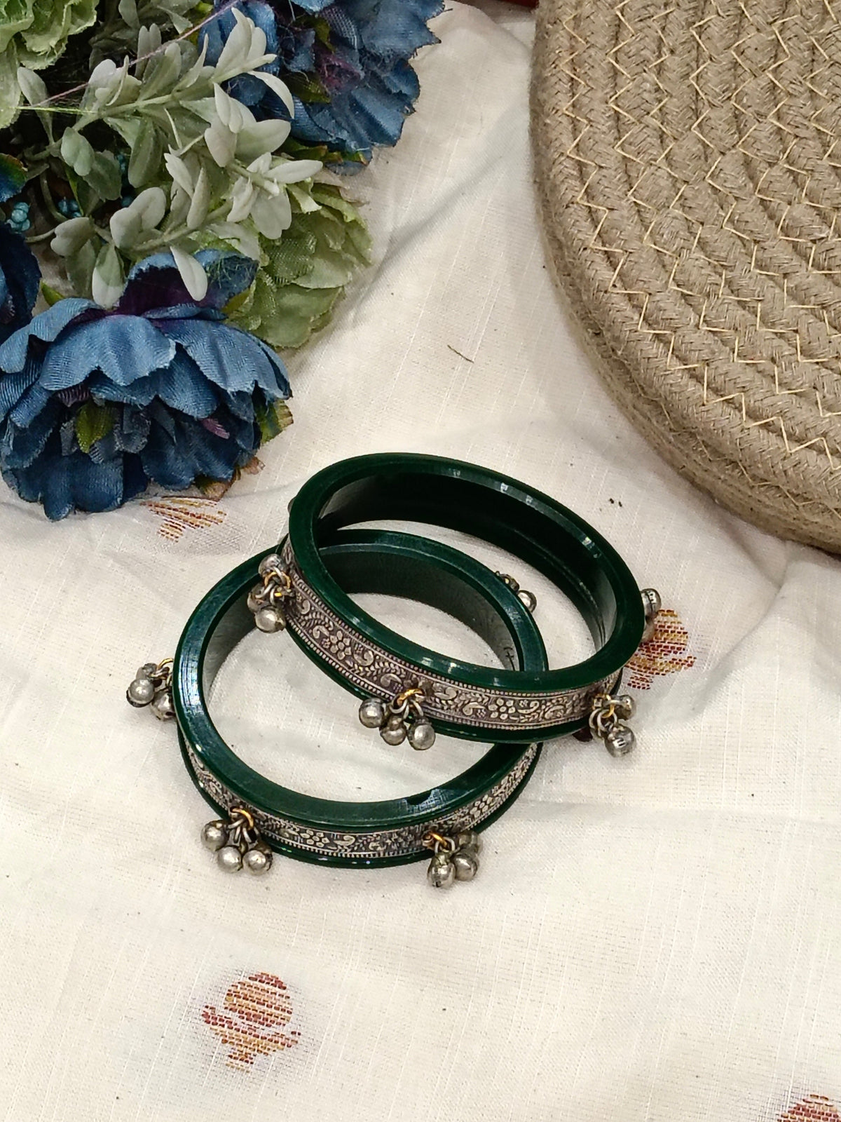 Heer Green German Silver Bangles