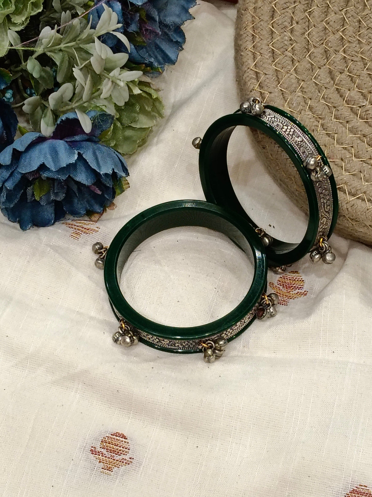 Heer Green German Silver Bangles