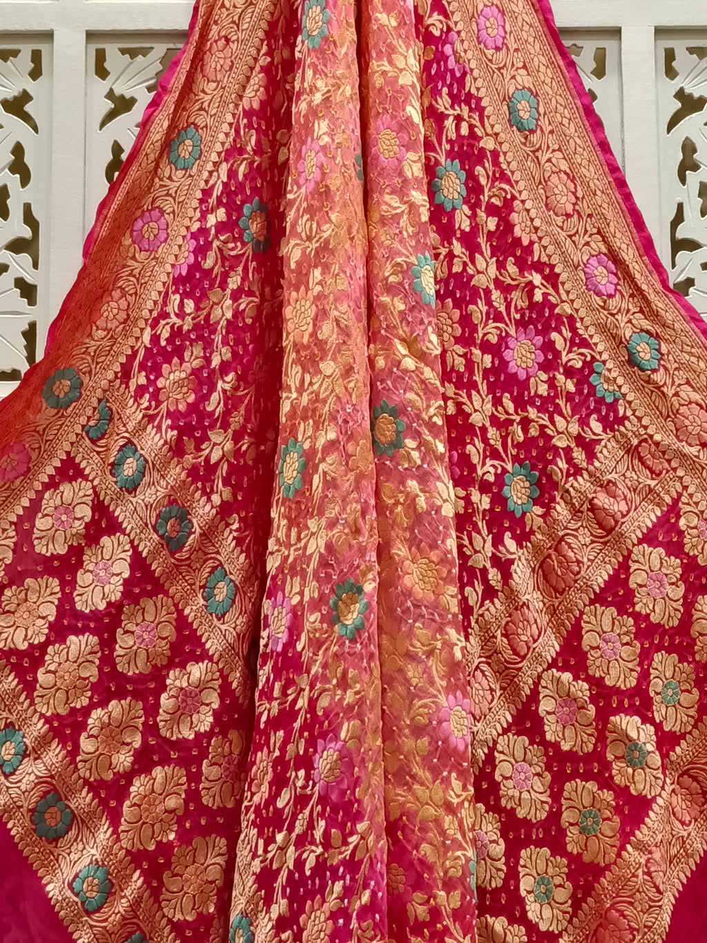 Rani Pink Pure Georgette Minakari Bandhani Dupatta