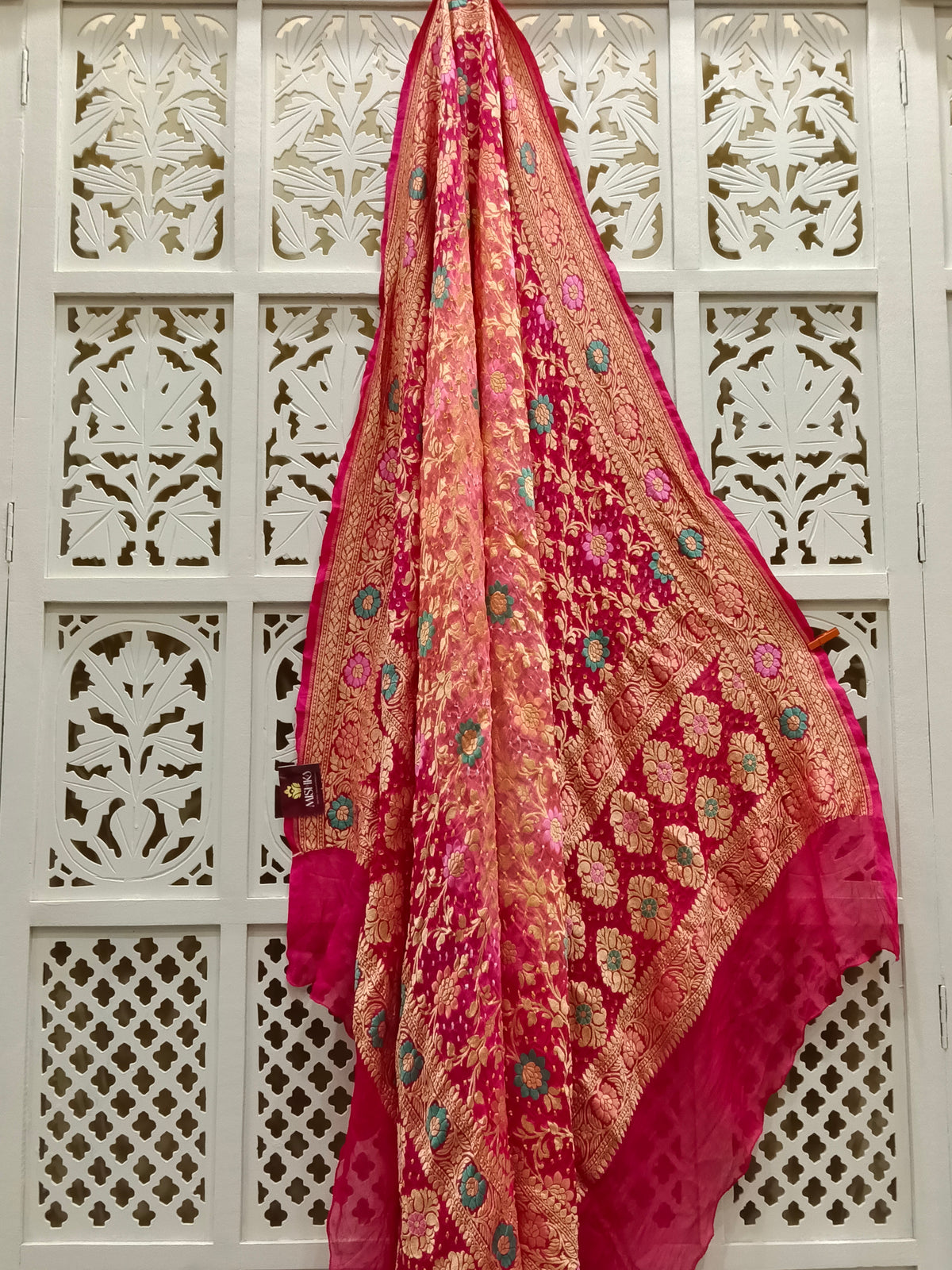Rani Pink Pure Georgette Minakari Bandhani Dupatta
