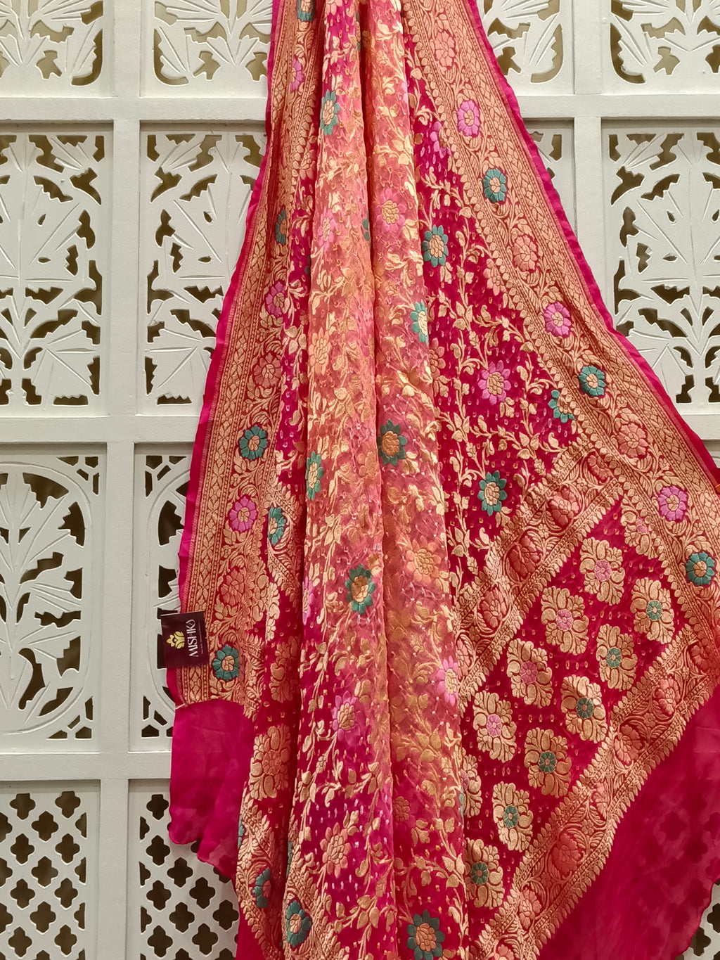 Rani Pink Pure Georgette Minakari Bandhani Dupatta