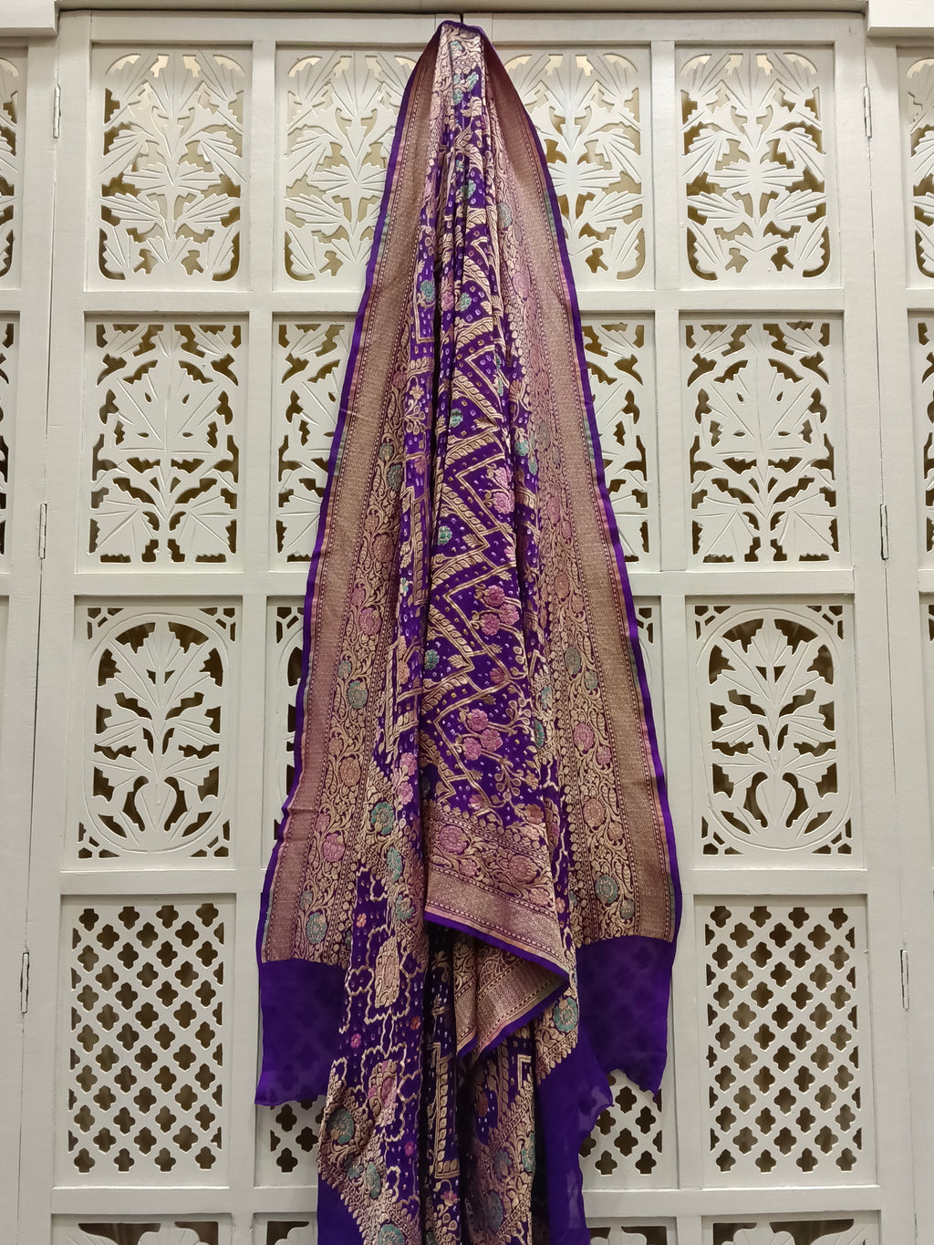 Dark Purple Pure Georgette Minakari Bandhani Dupatta