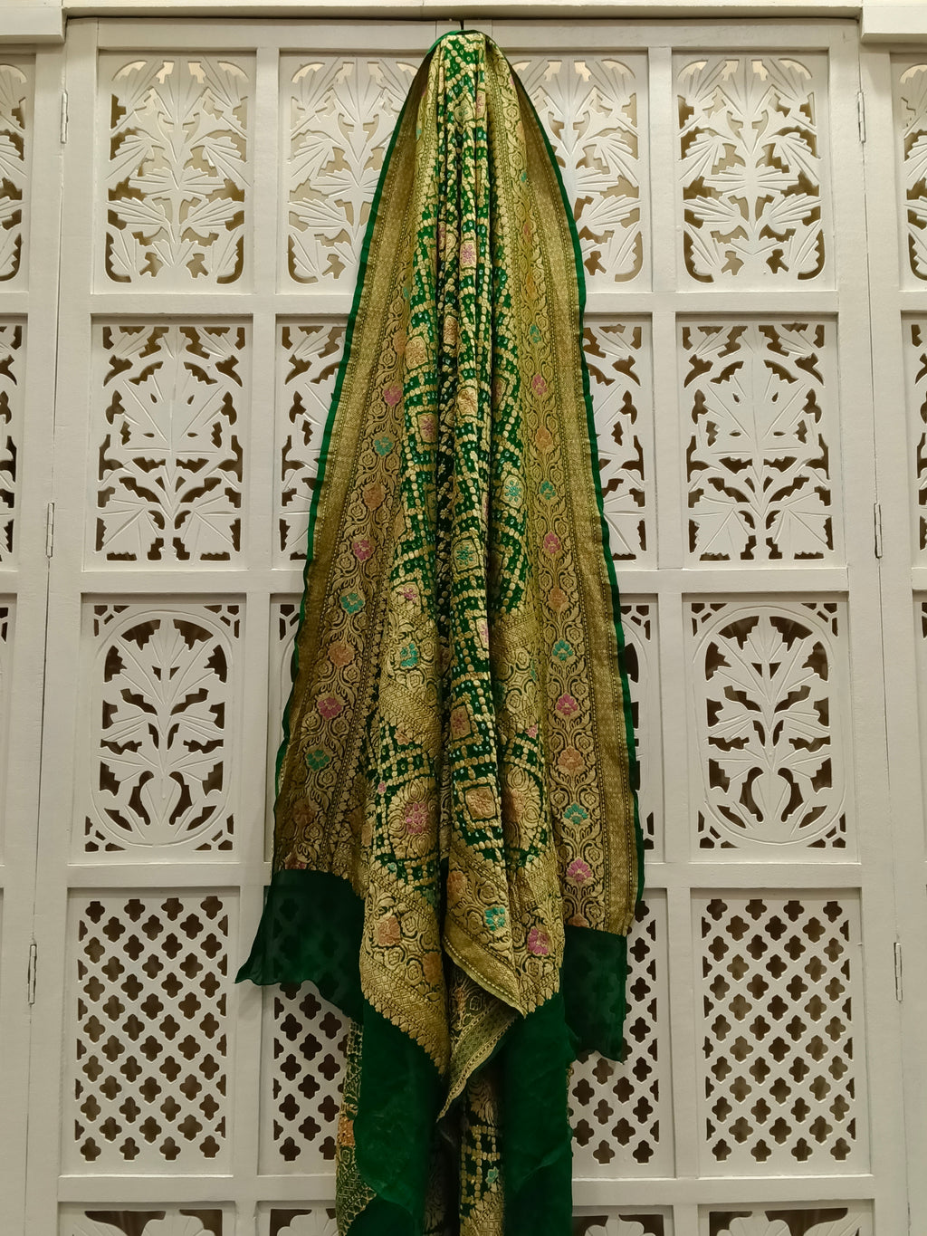 Dark Green Pure Georgette Minakari Bandhani Dupatta