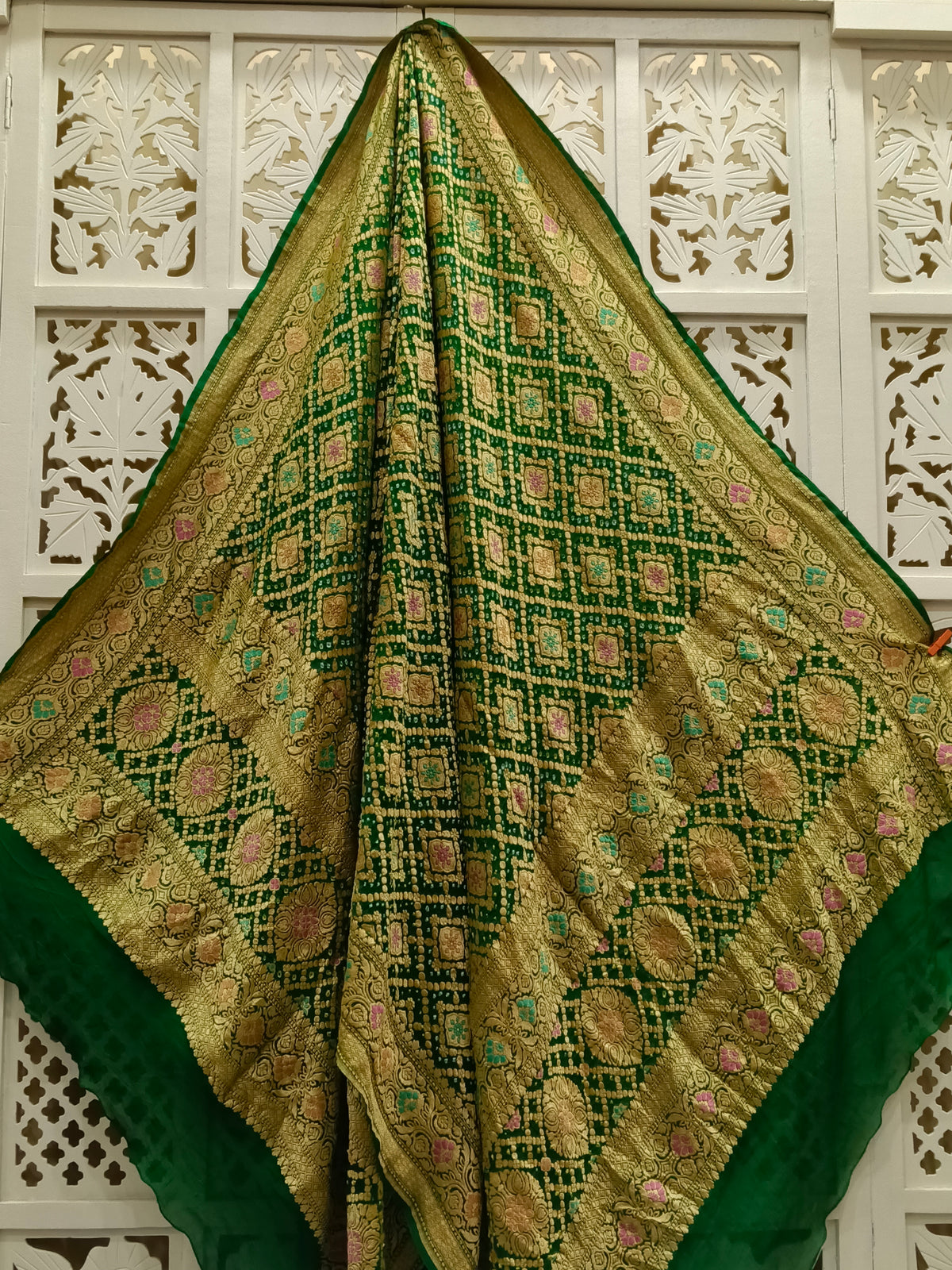 Dark Green Pure Georgette Minakari Bandhani Dupatta