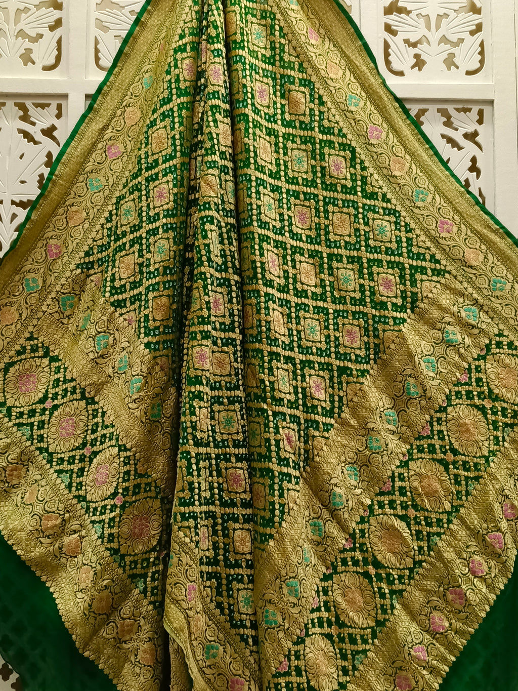 Dark Green Pure Georgette Minakari Bandhani Dupatta