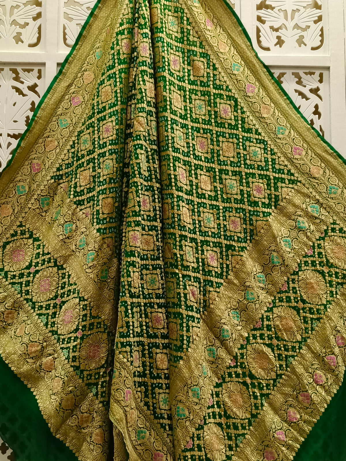 Dark Green Pure Georgette Minakari Bandhani Dupatta