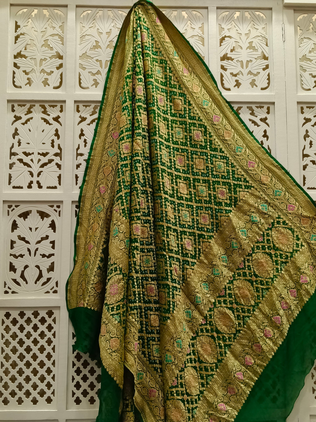 Dark Green Pure Georgette Minakari Bandhani Dupatta