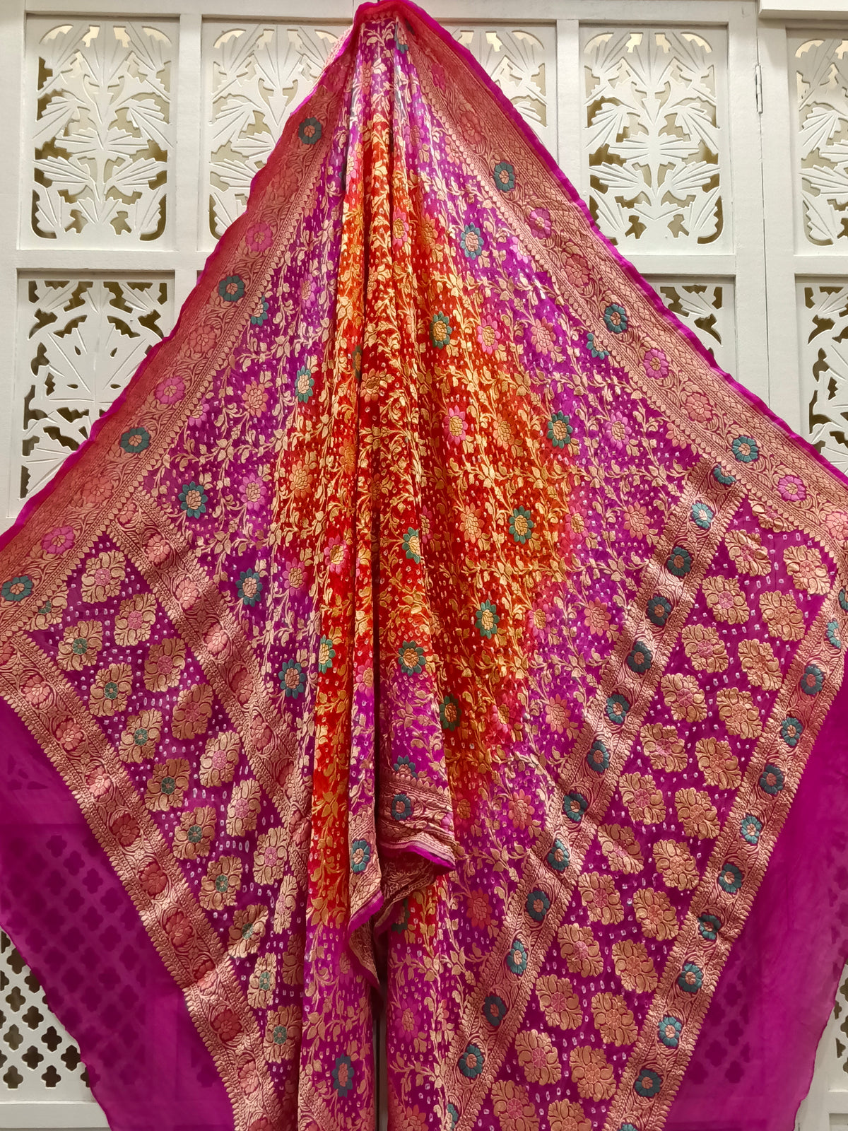 Rani pink and Orange Pure Georgette Bandhani Dupatta