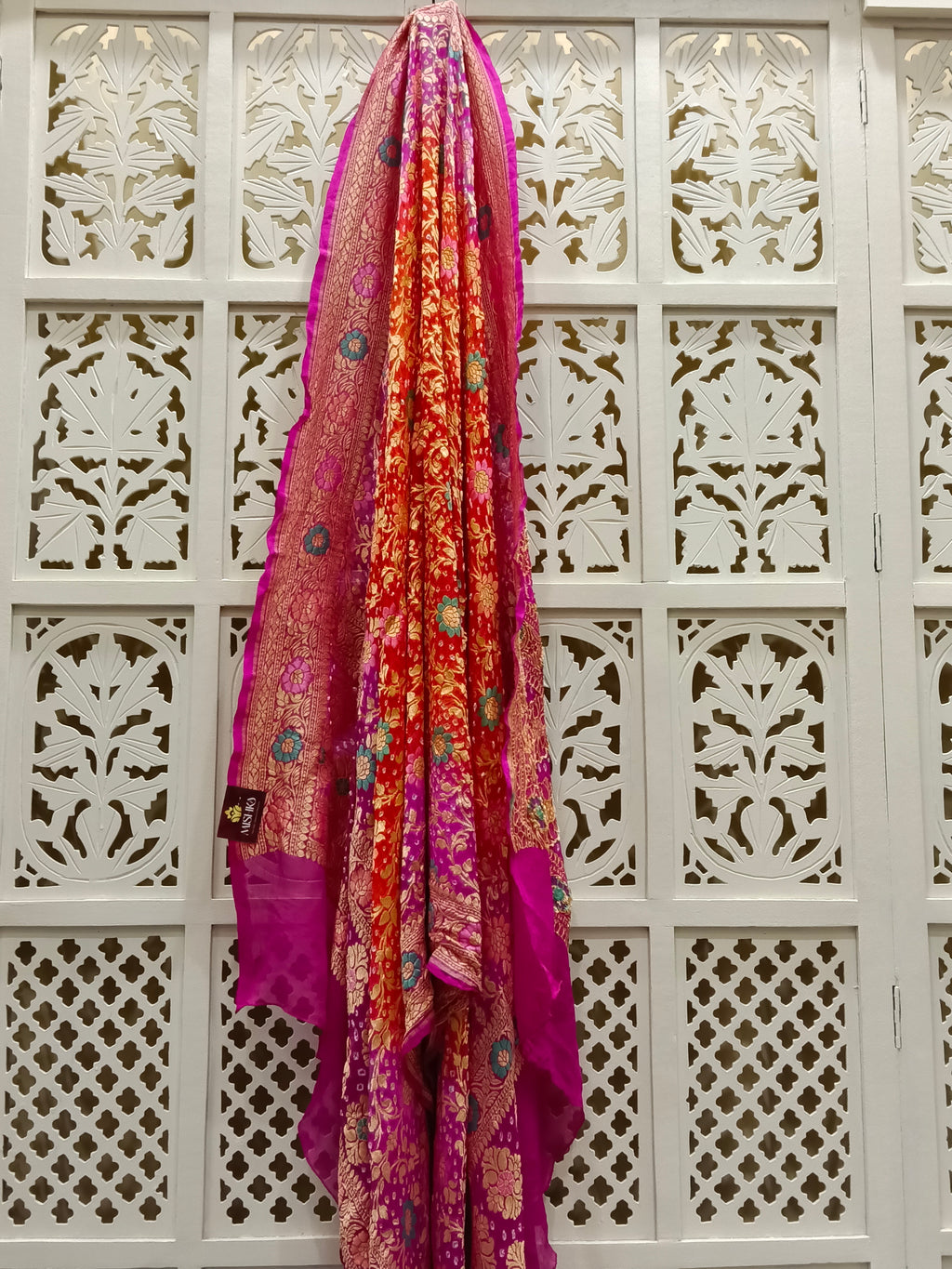 Rani pink and Orange Pure Georgette Bandhani Dupatta