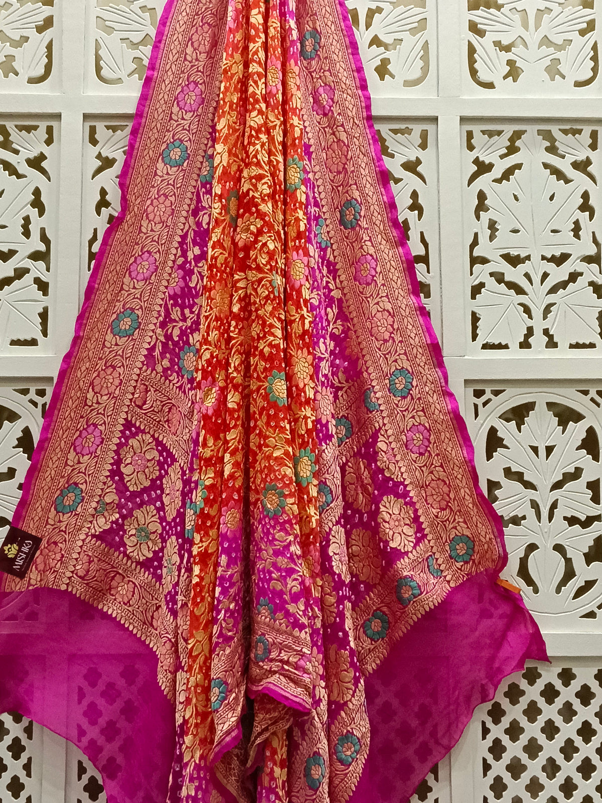 Rani pink and Orange Pure Georgette Bandhani Dupatta