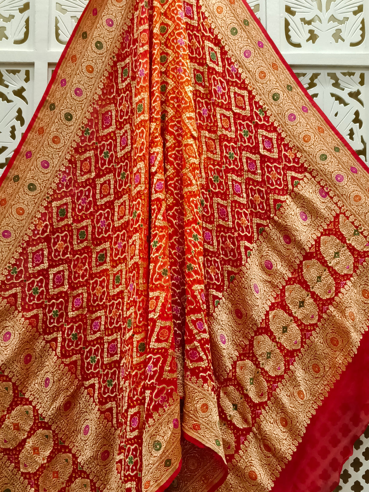 Orange and Red Pure Georgette Bandhani Dupatta
