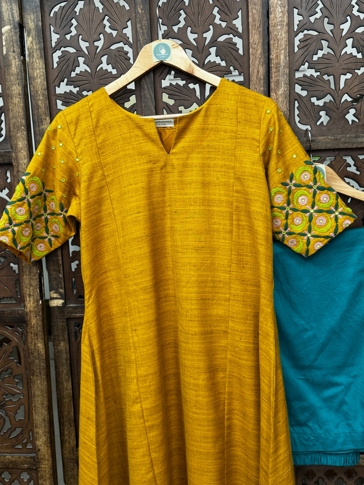 Ochre Radiance: Hand-Embroidered Bhagalpuri Silk Kurta Set with Teal Trousers HANDMADEAHOLIC BY MISHKA