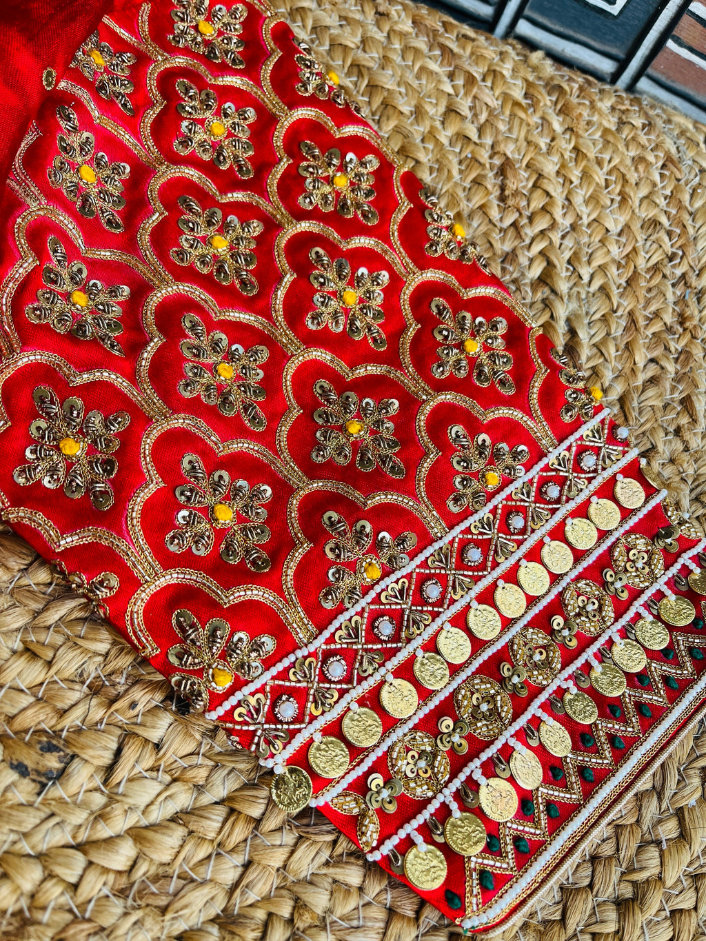 RED HEAVY HANDWORK ROUND NECK BLOUSE HANDMADEAHOLIC BY MISHKA