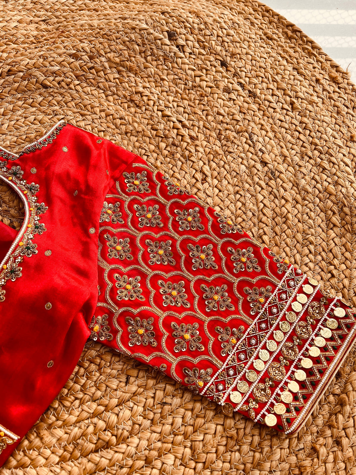 RED HEAVY HANDWORK ROUND NECK BLOUSE HANDMADEAHOLIC BY MISHKA