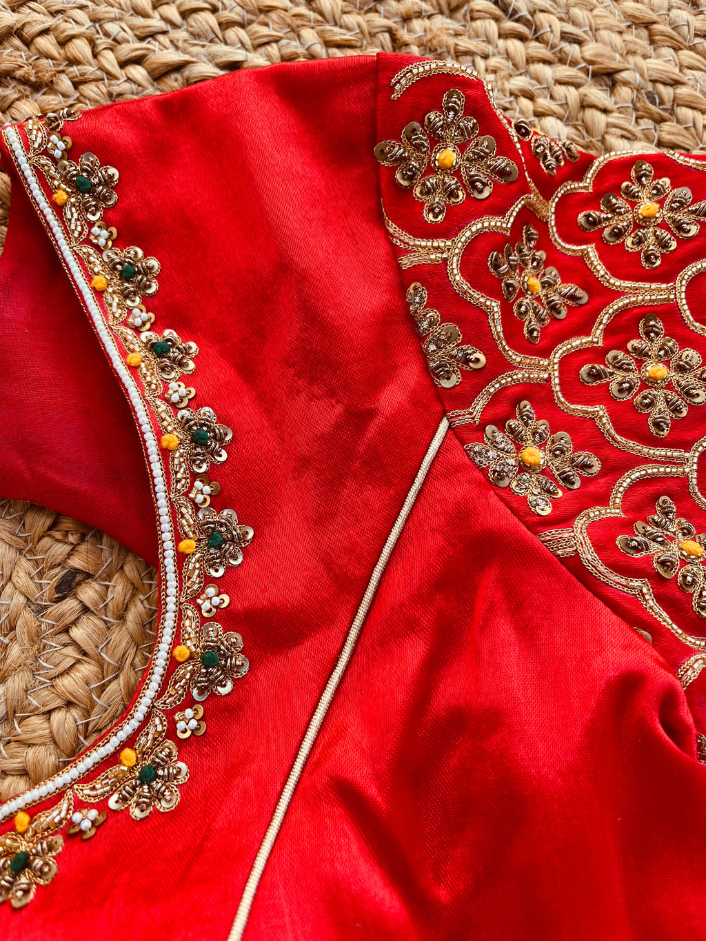 RED HEAVY HANDWORK ROUND NECK BLOUSE HANDMADEAHOLIC BY MISHKA