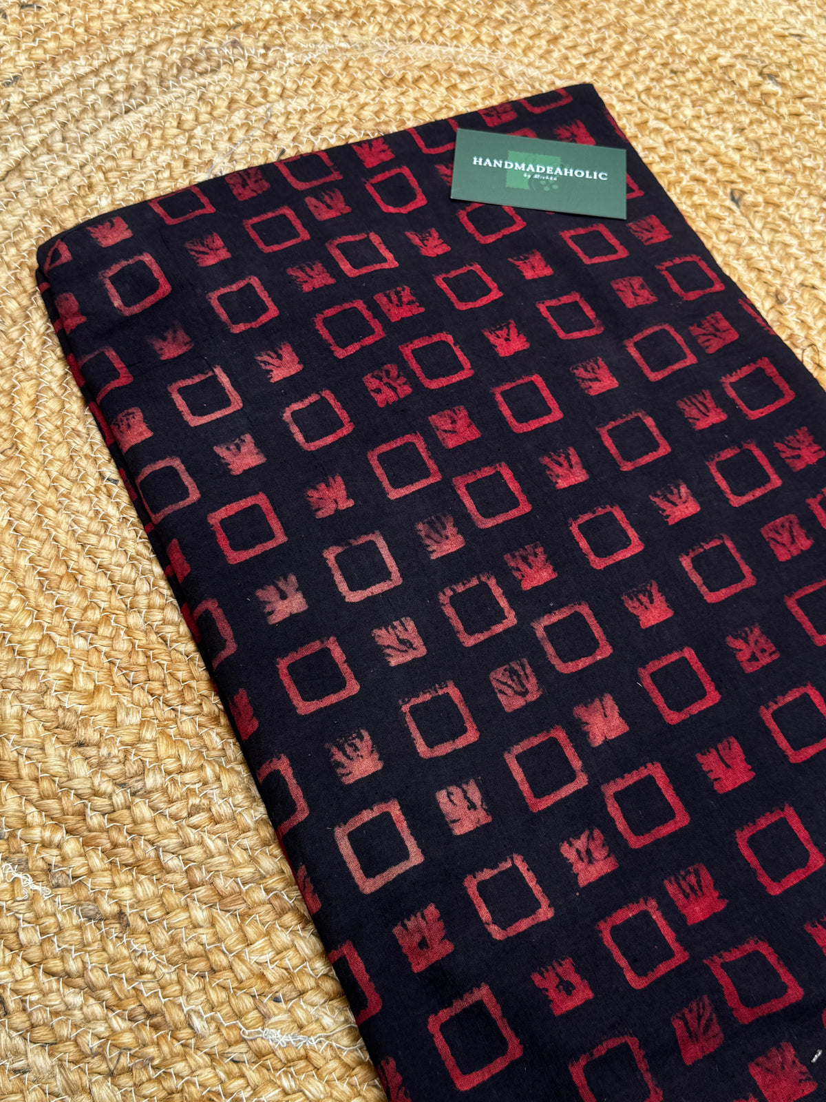 Midnight Madder: Handcrafted Ajrakh Block Print Cotton Fabric – Geometric Square Motif