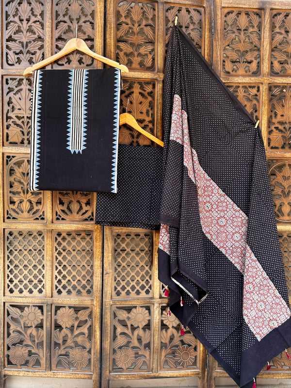 Midnight Geometry: Hand-Block Ajrakh Cotton Unstitched Suit Set