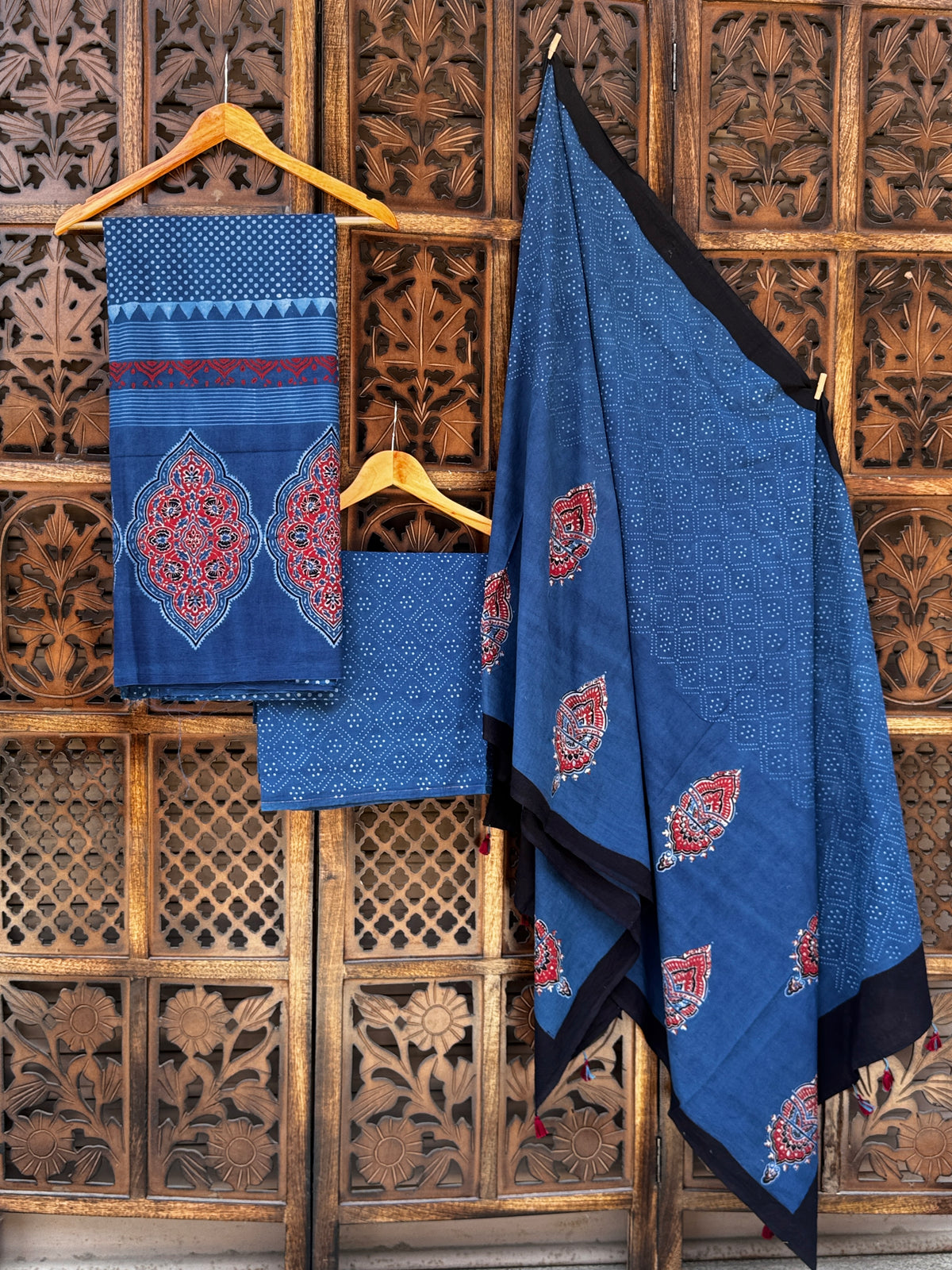 Midnight Indigo Hand-Block Ajrakh Cotton Unstitched Suit Set