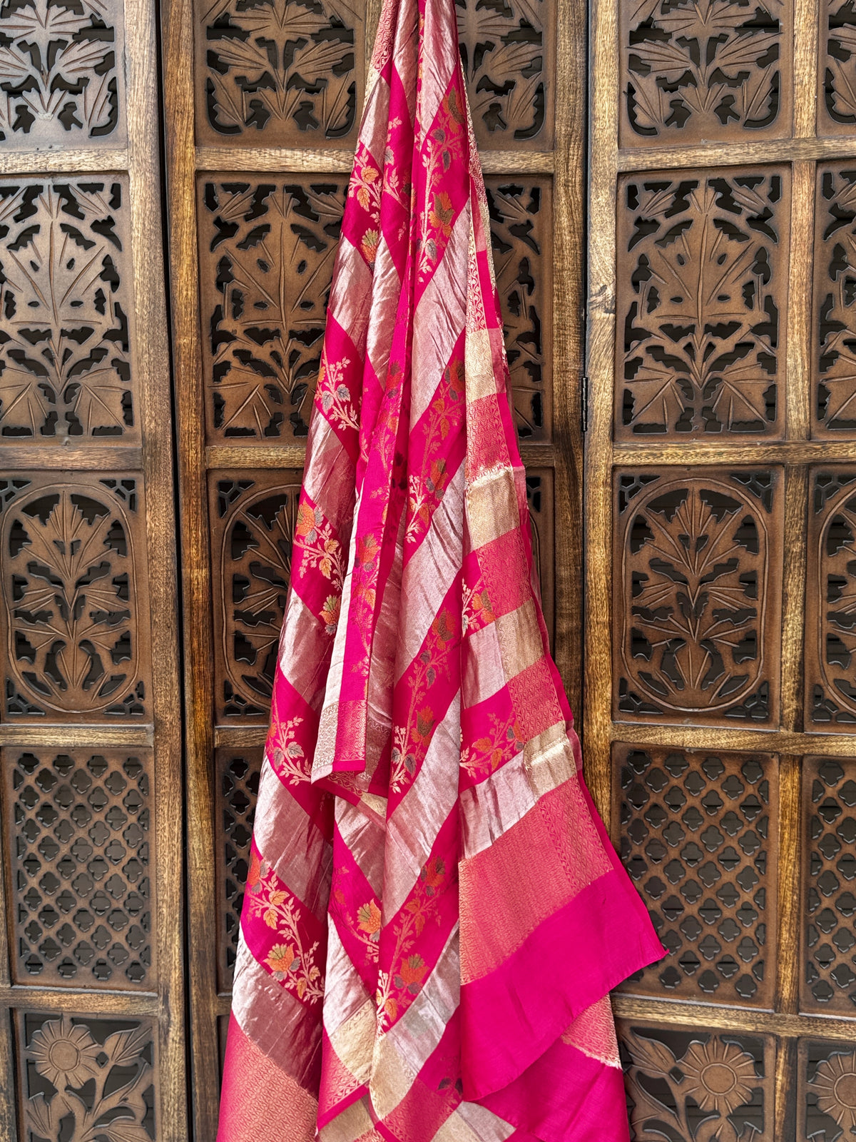 Rani Pink & Gold Shimmer Hand-Woven Patti Katan Silk Dupatta with Meenakari Florals