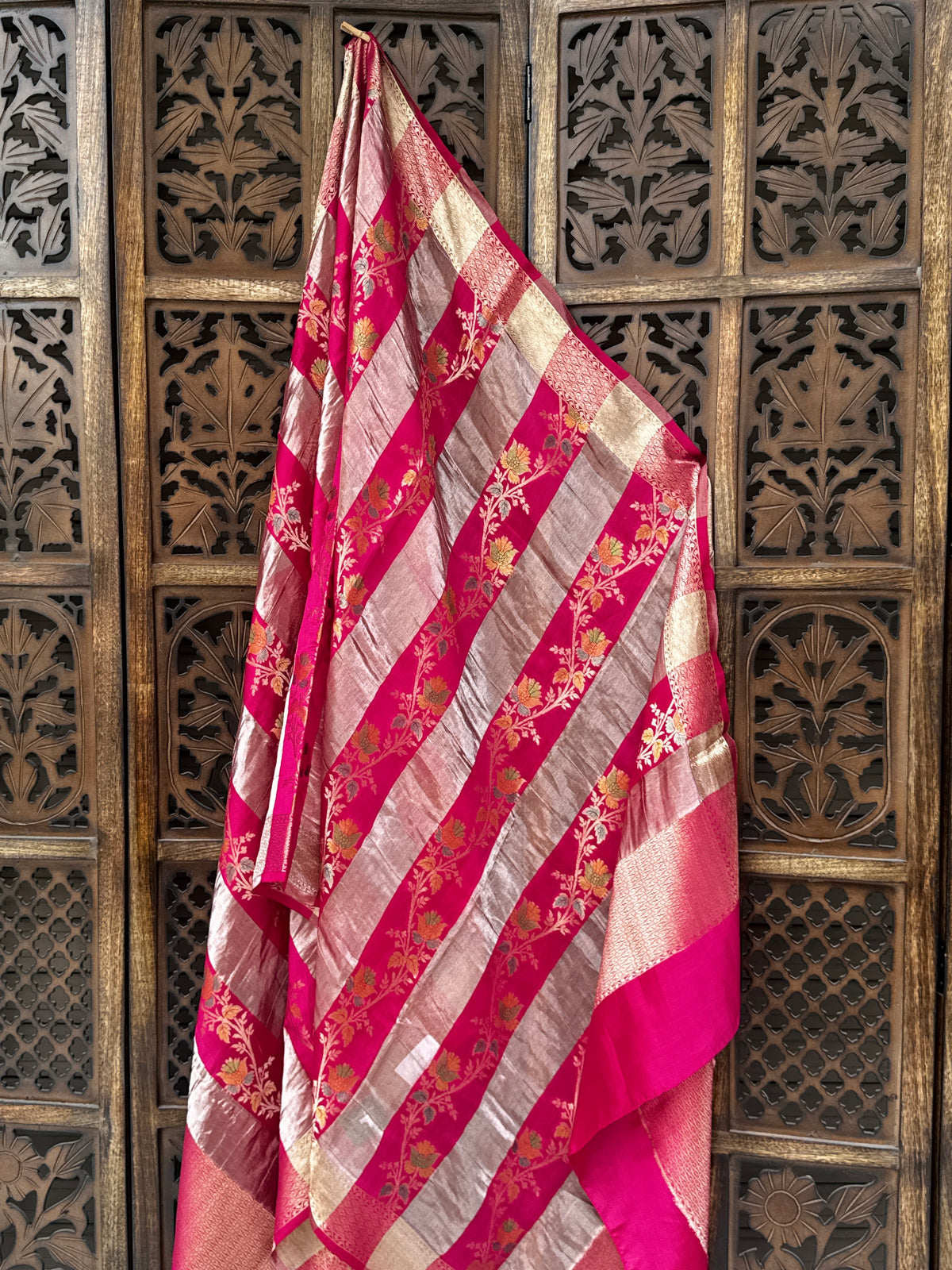 Rani Pink & Gold Shimmer Hand-Woven Patti Katan Silk Dupatta with Meenakari Florals