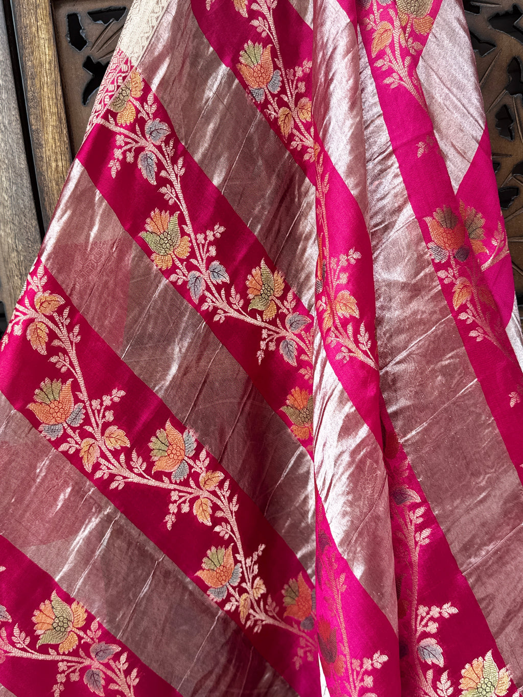 Rani Pink & Gold Shimmer Hand-Woven Patti Katan Silk Dupatta with Meenakari Florals