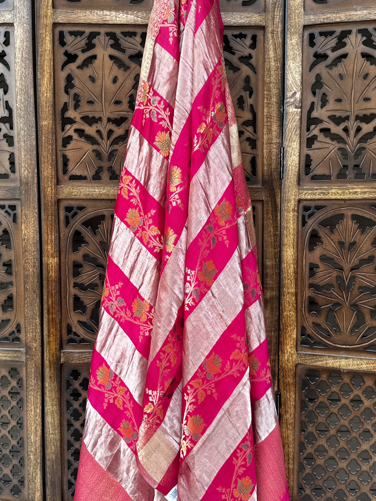 Rani Pink & Gold Shimmer Hand-Woven Patti Katan Silk Dupatta with Meenakari Florals