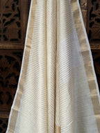 Handwoven Munga Silk Dupatta with Zari Borders – Ivory & Gold