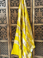 Sun-Kissed Mustard Patti Katan Silk Dupatta | Hand-Woven Zari Stripes with Floral Meenakari